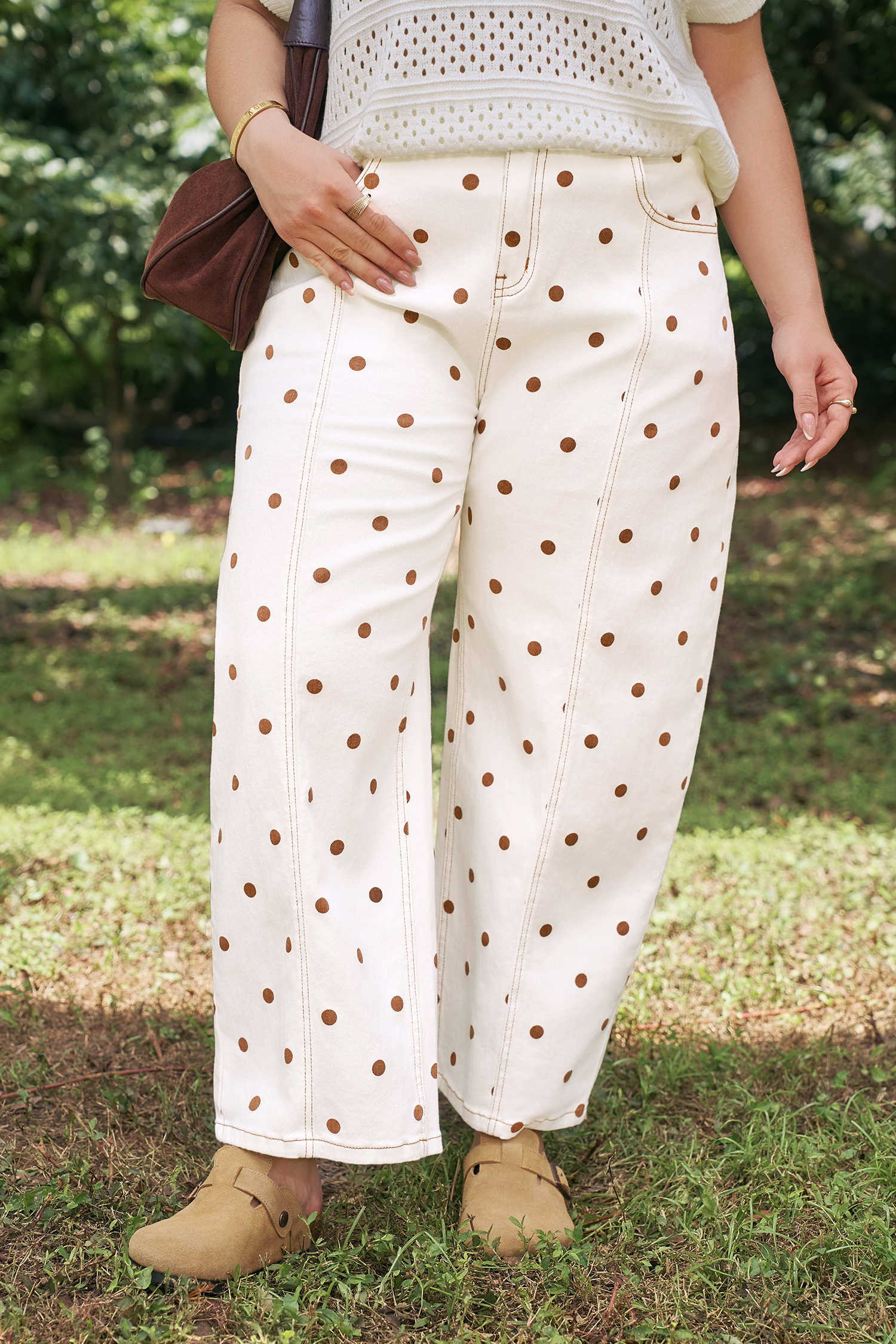 Plus Size Beige Polka Dot Print  Barrel Jeans
