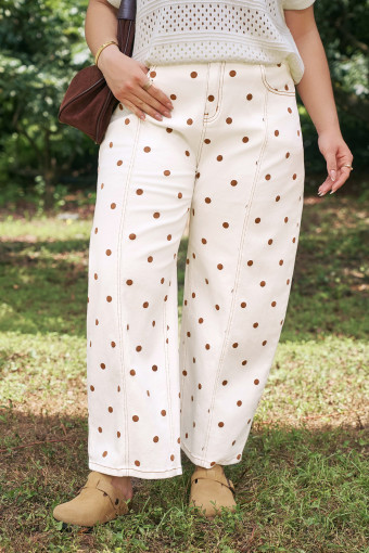 Plus Size Beige Polka Dot Print  Barrel Jeans