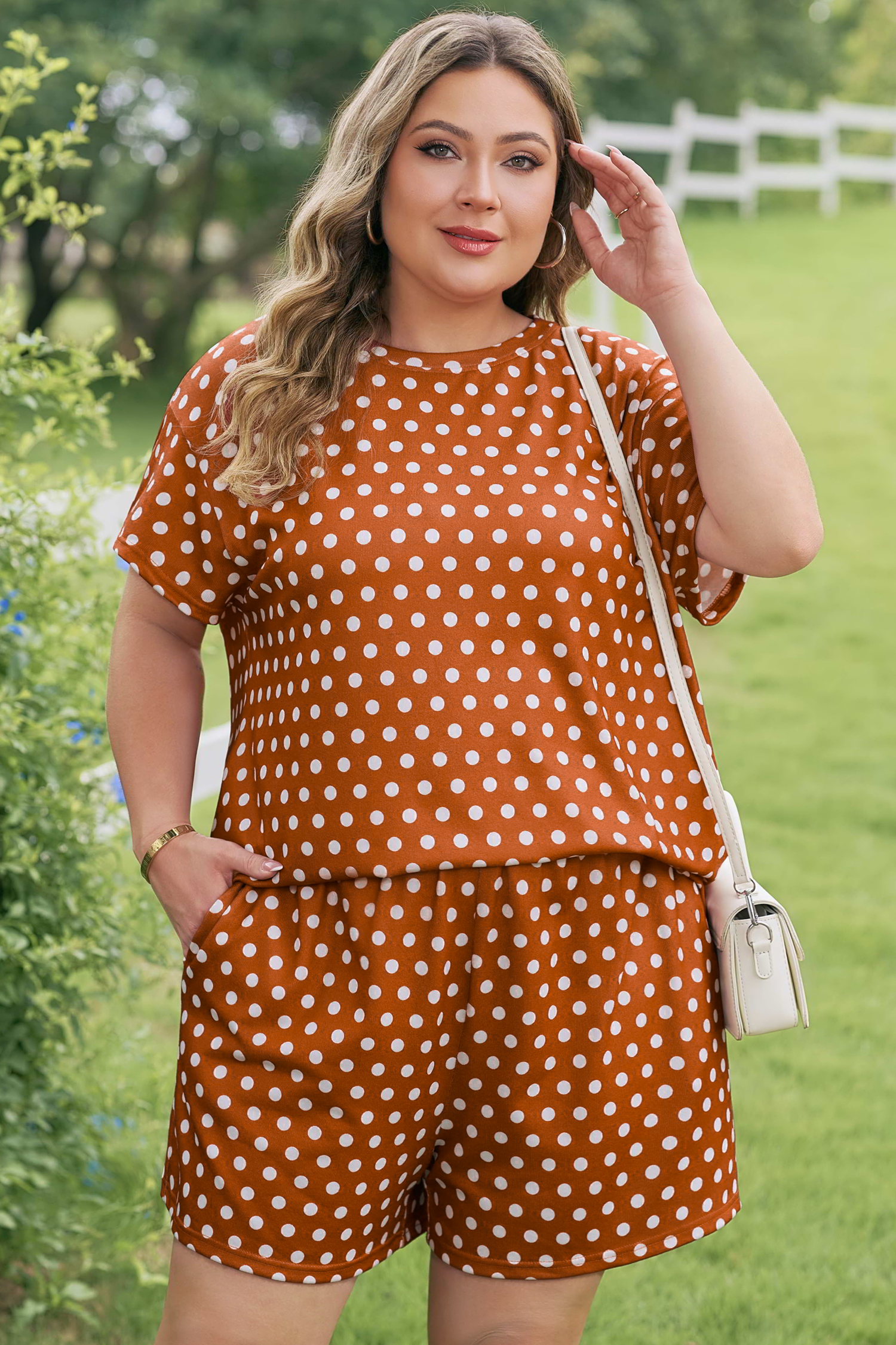 Plus Size Brown Polka Dot Print Dropped Shoulder Tee  Short Set