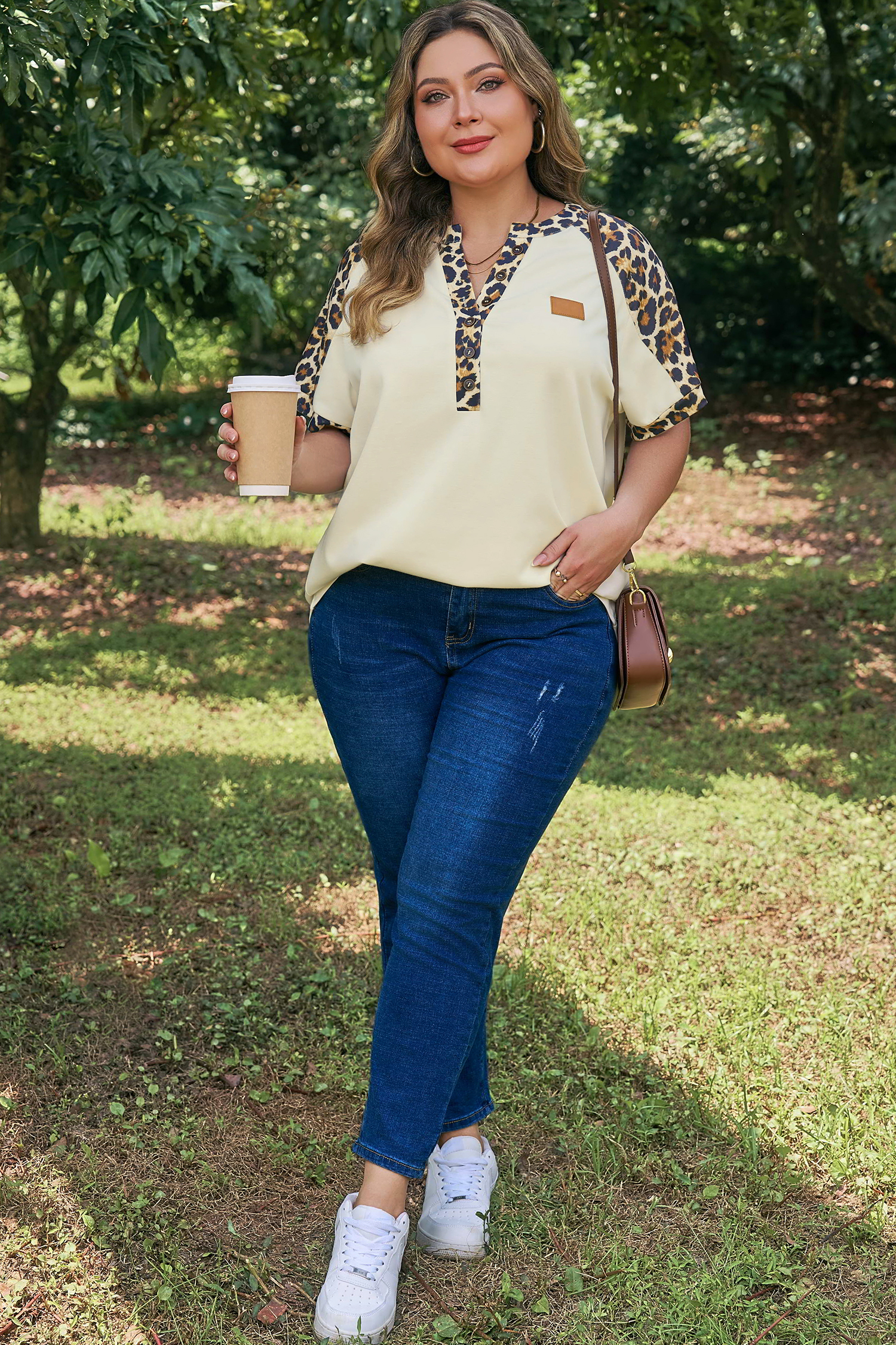Plus Size Beige  Leopard Contrast Patchwork Polo Tee