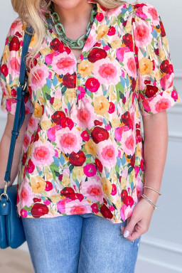 Plus Size Pink  Flower Print Split V Neck Puff Short Sleeve Top