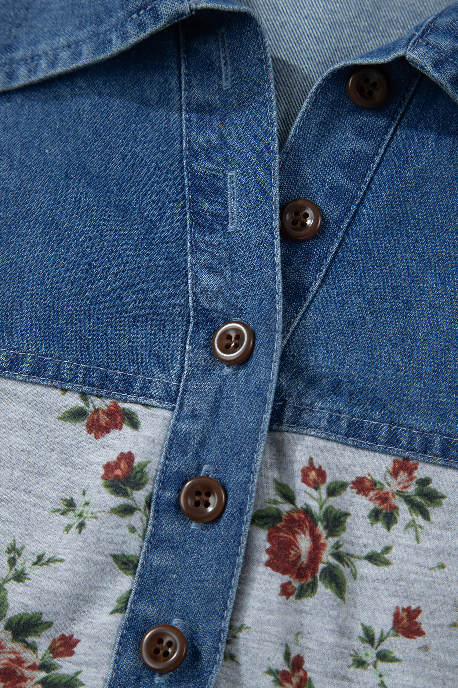 Plus Size Gray Retro Floral Print Denim Patchwork  Polo Tee