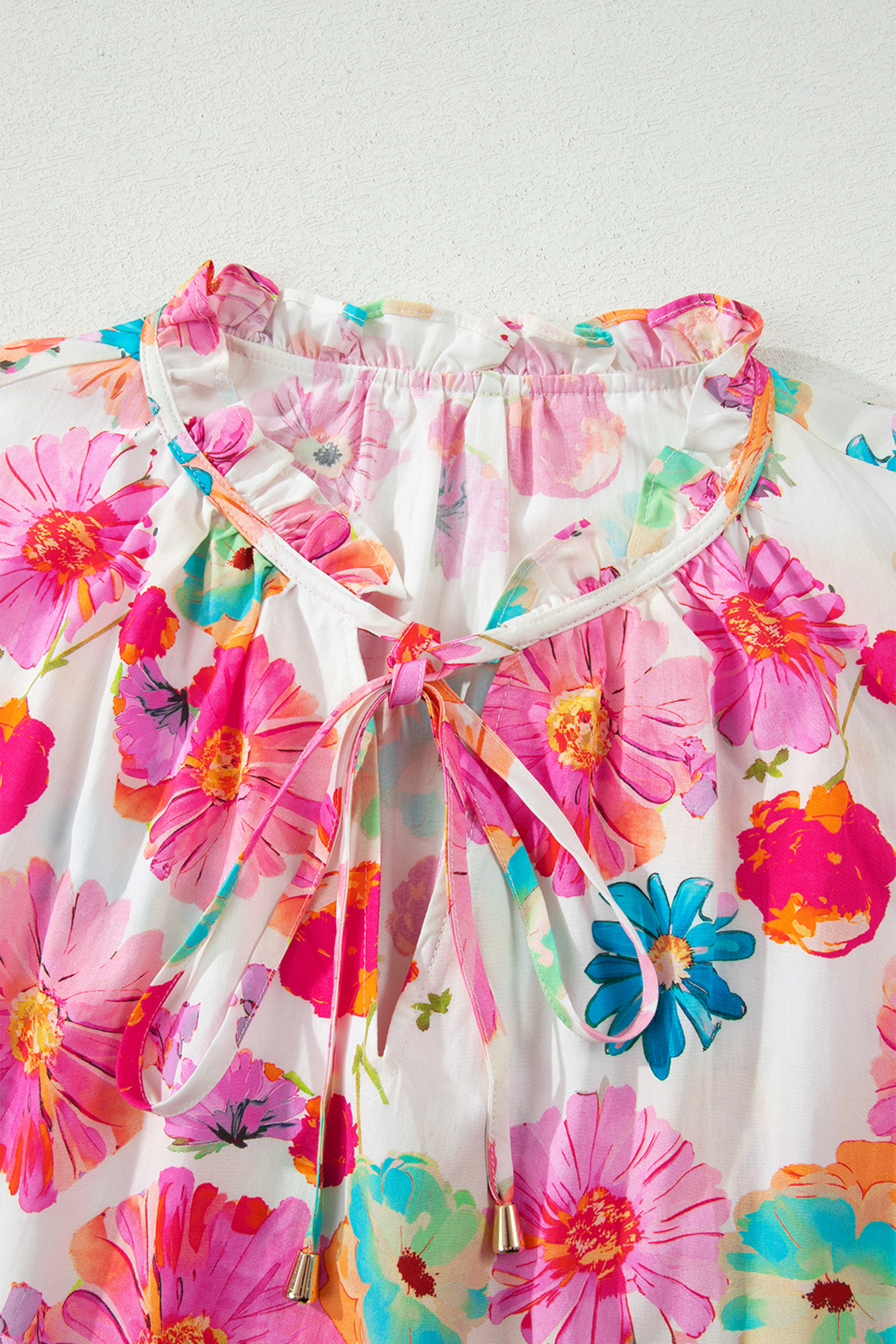 Plus Size Pink  Floral Print Ruched Short Sleeve Blouse