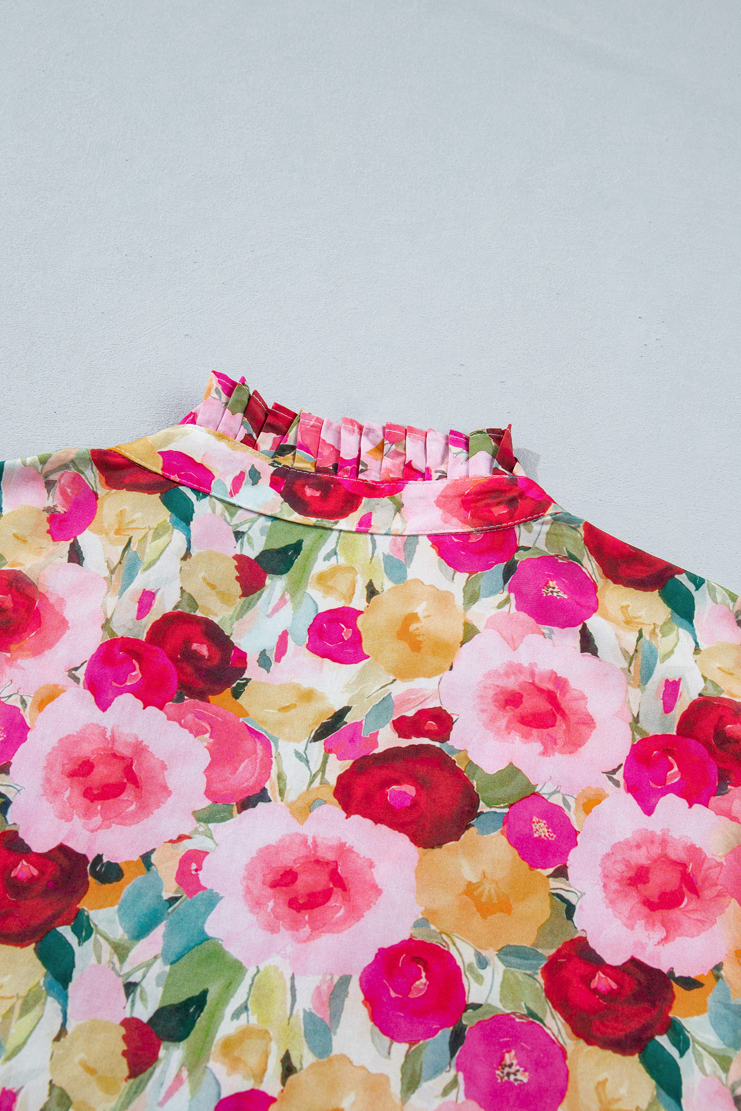 Plus Size Pink  Flower Print Split V Neck Puff Short Sleeve Top