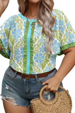 Plus Size Sky Blue  Floral Print Frilled Color Block Trim Short Sleeve Blouse
