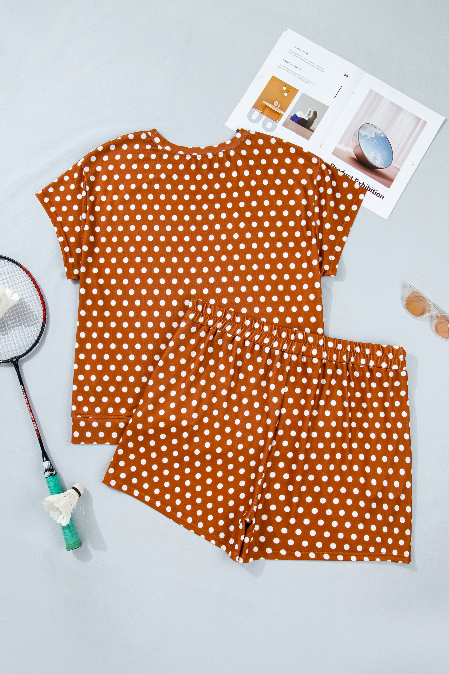 Plus Size Brown Polka Dot Print Dropped Shoulder Tee  Short Set