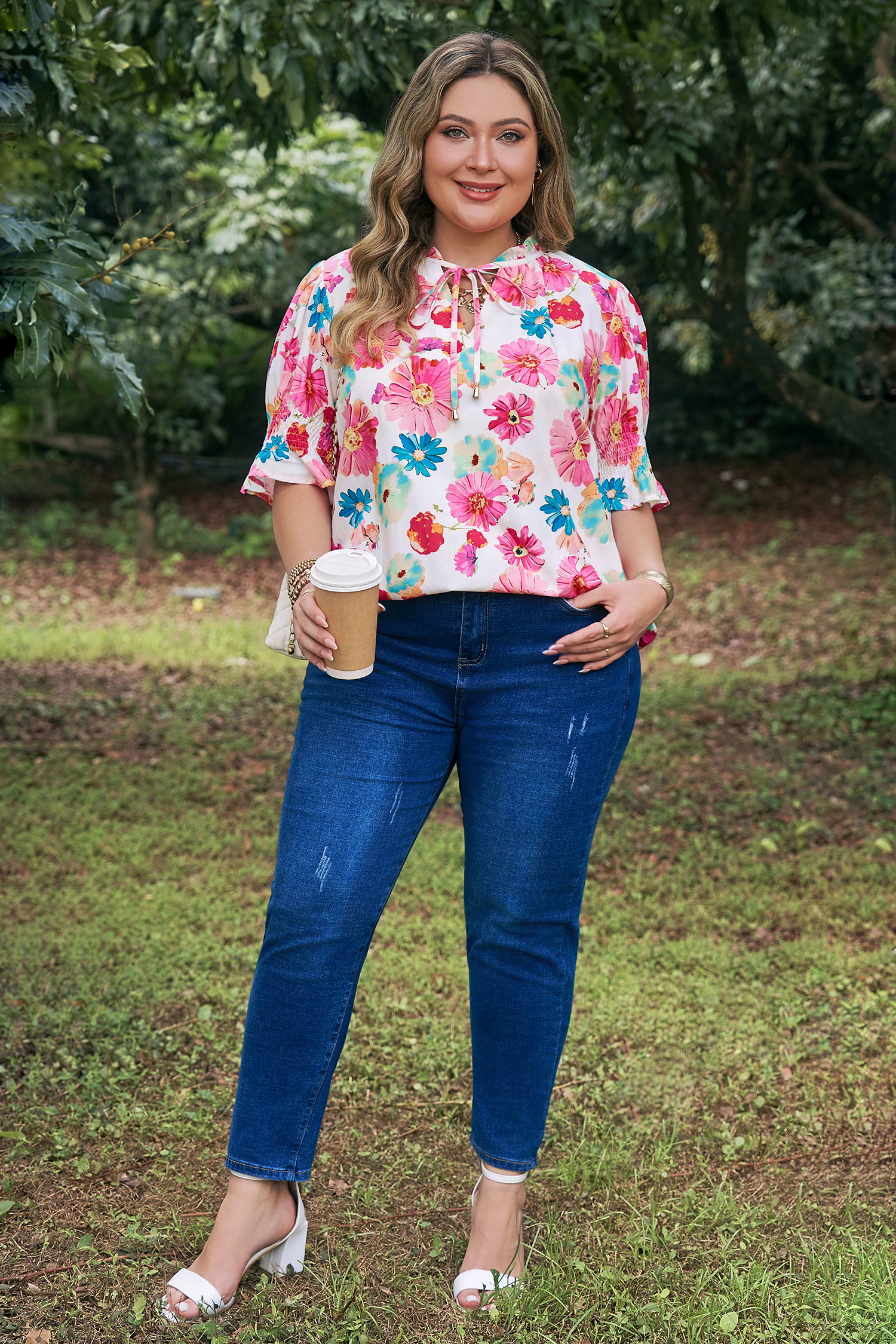 Plus Size Pink  Floral Print Ruched Short Sleeve Blouse