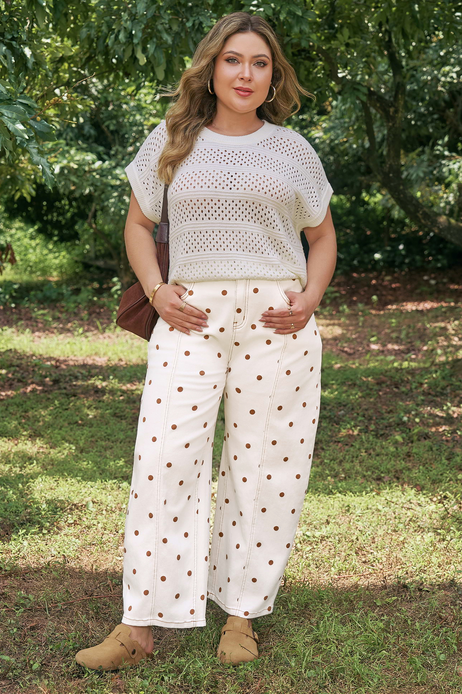Plus Size Beige Polka Dot Print  Barrel Jeans