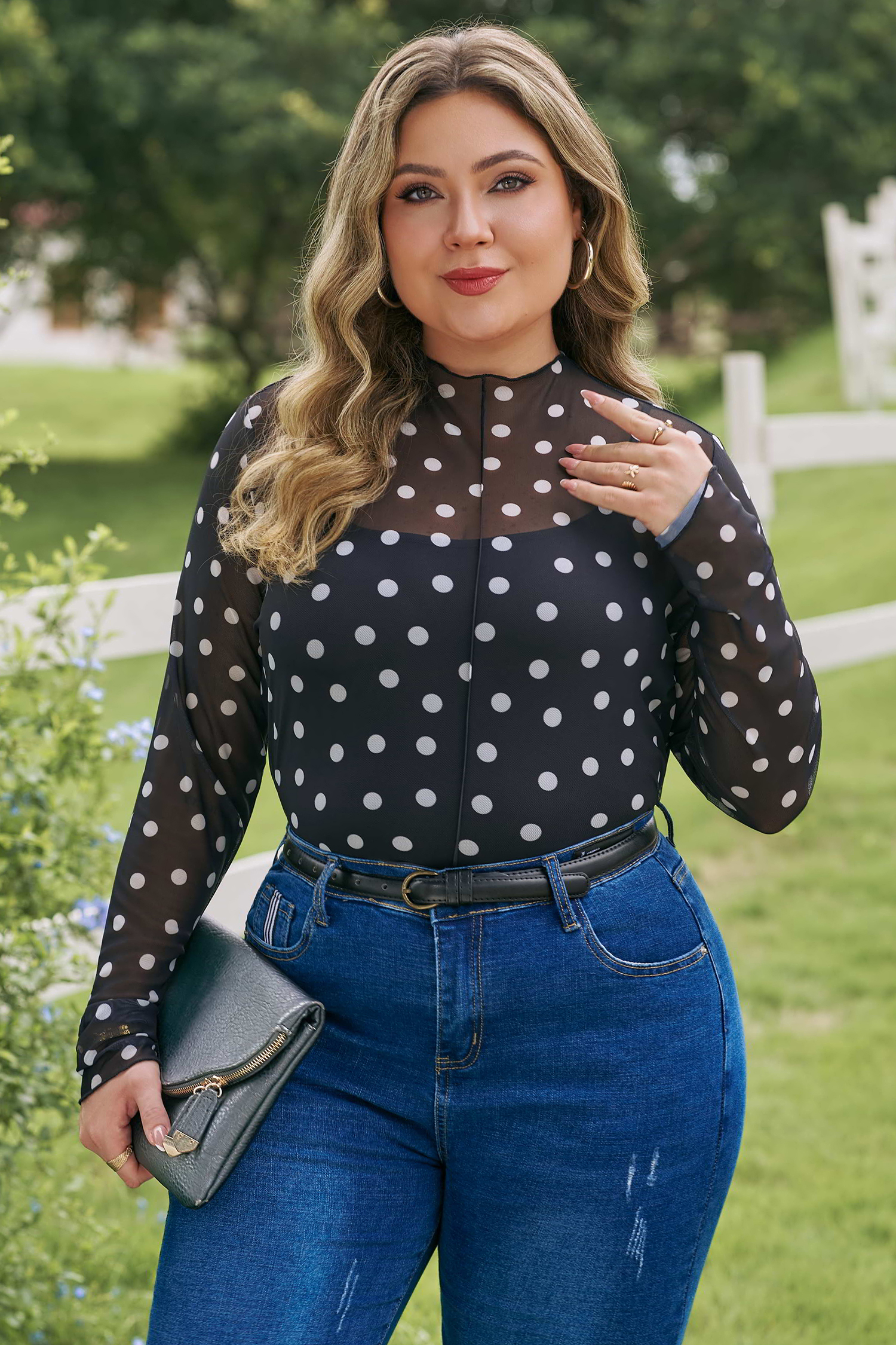 Plus Size Black  Mock Neck Polka Dot Long Sleeve Mesh Top