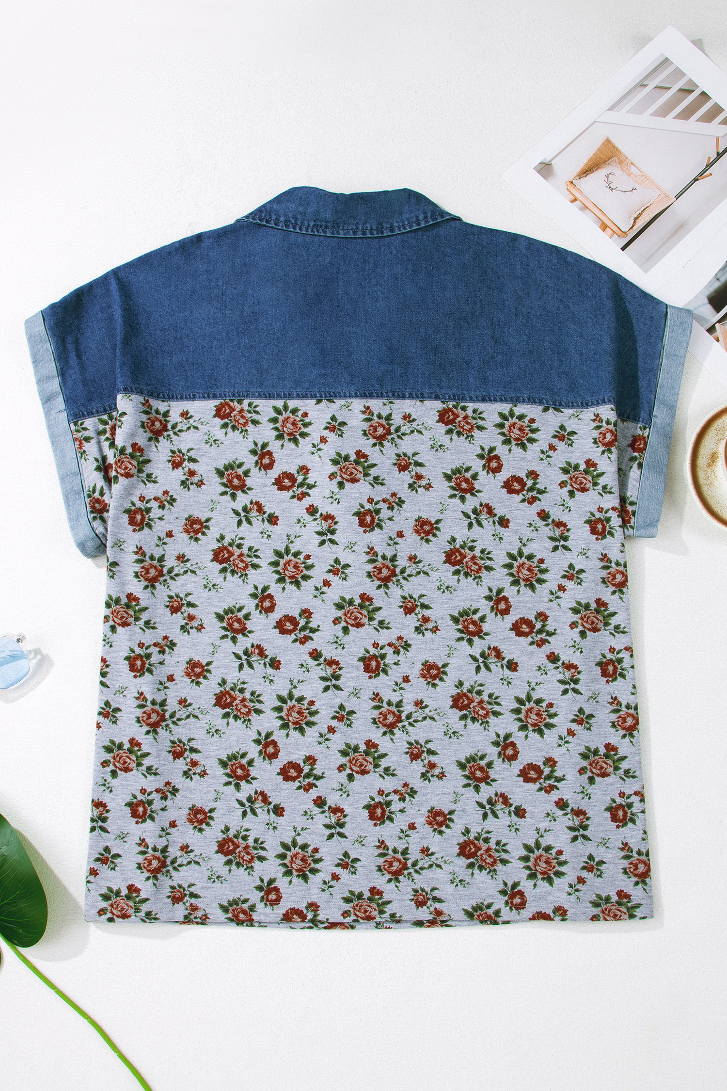 Plus Size Gray Retro Floral Print Denim Patchwork  Polo Tee