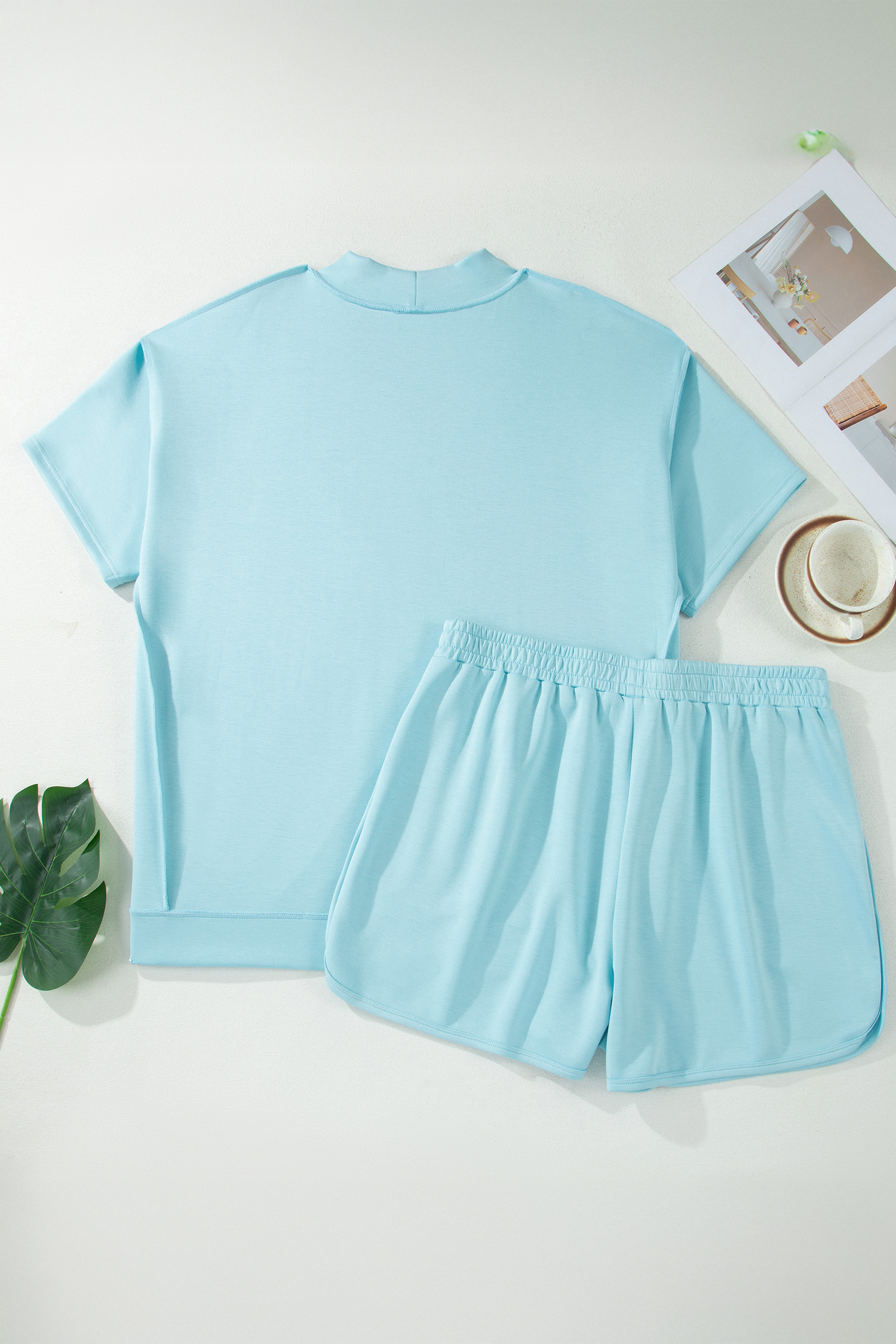 Plus Size Mist Blue Solid Color Mock Neck Half Sleeve Top  2pcs Short Set