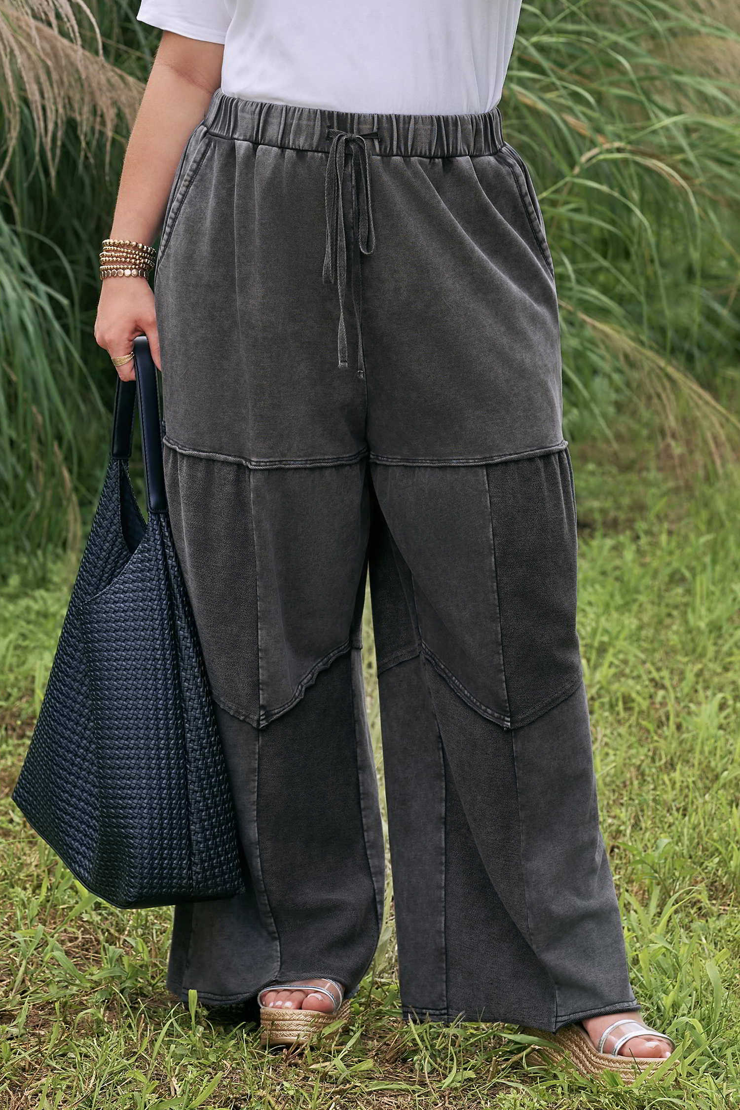 Plus Size Black  Mineral Wash Exposed Seam Patchwork Drawstring Loose Pants