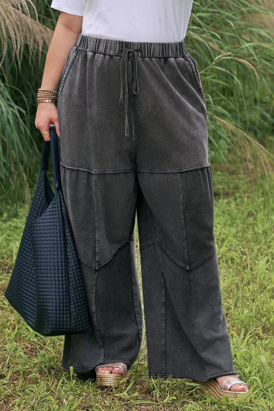 Plus Size Black  Mineral Wash Exposed Seam Patchwork Drawstring Loose Pants