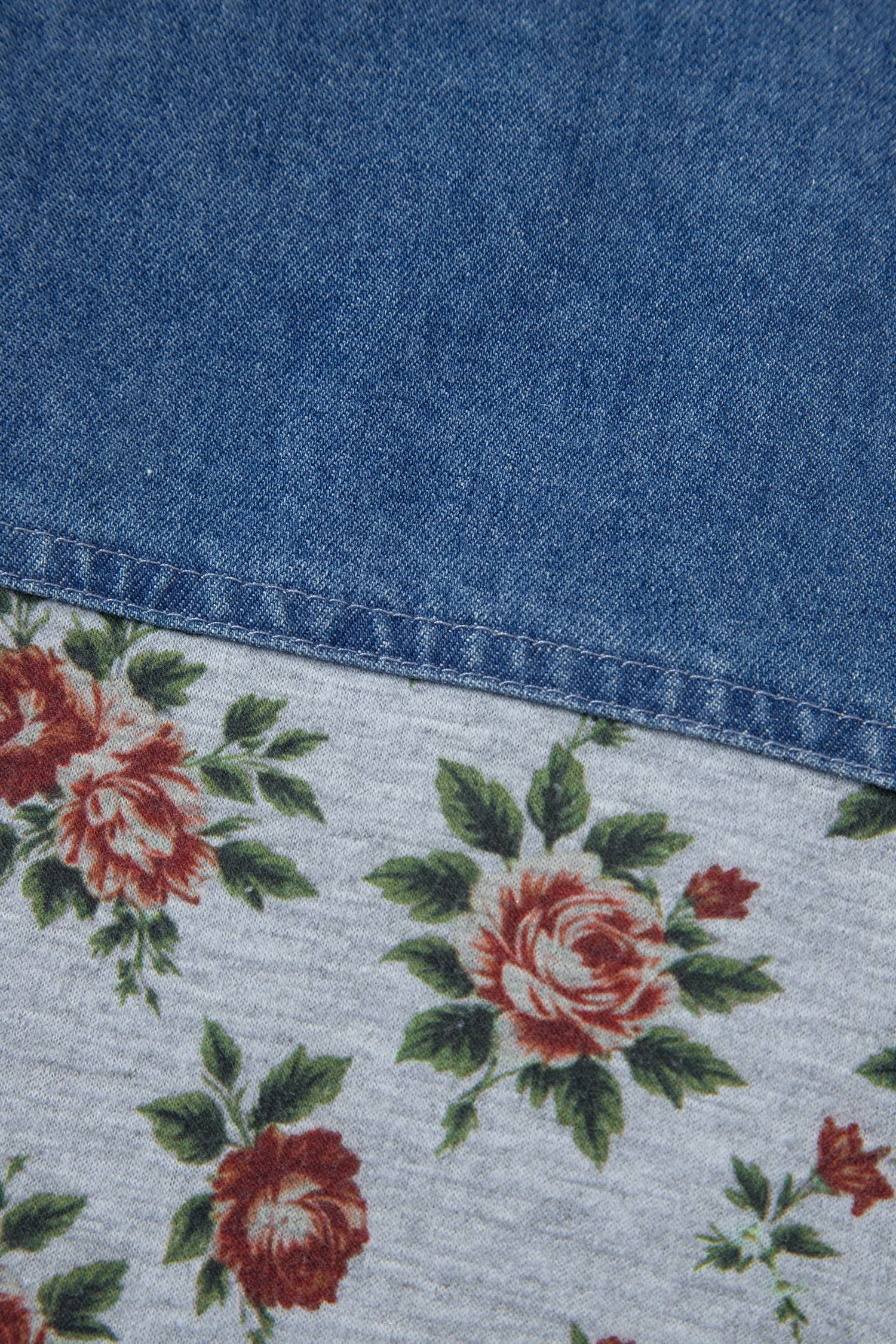 Plus Size Gray Retro Floral Print Denim Patchwork  Polo Tee