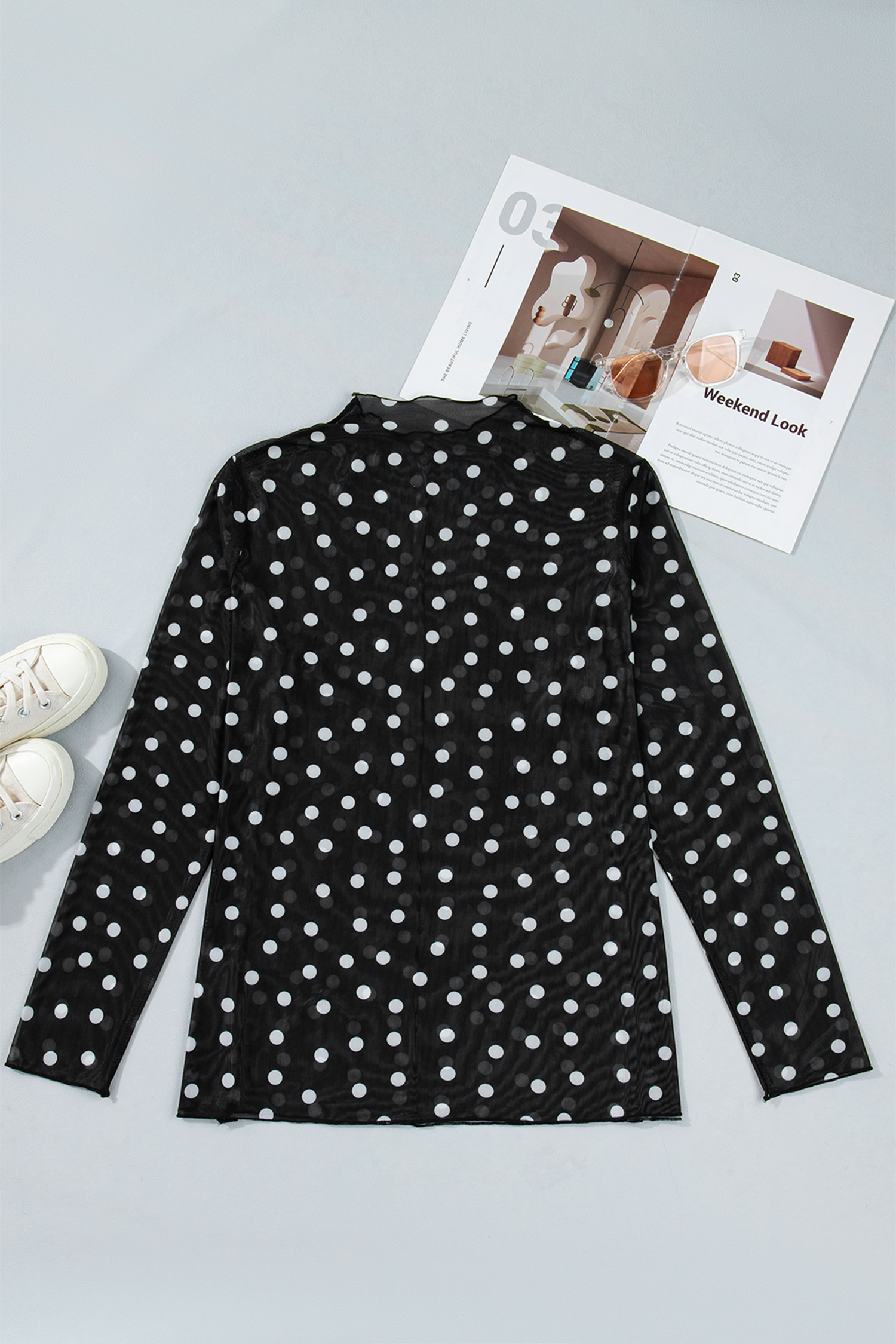 Plus Size Black  Mock Neck Polka Dot Long Sleeve Mesh Top