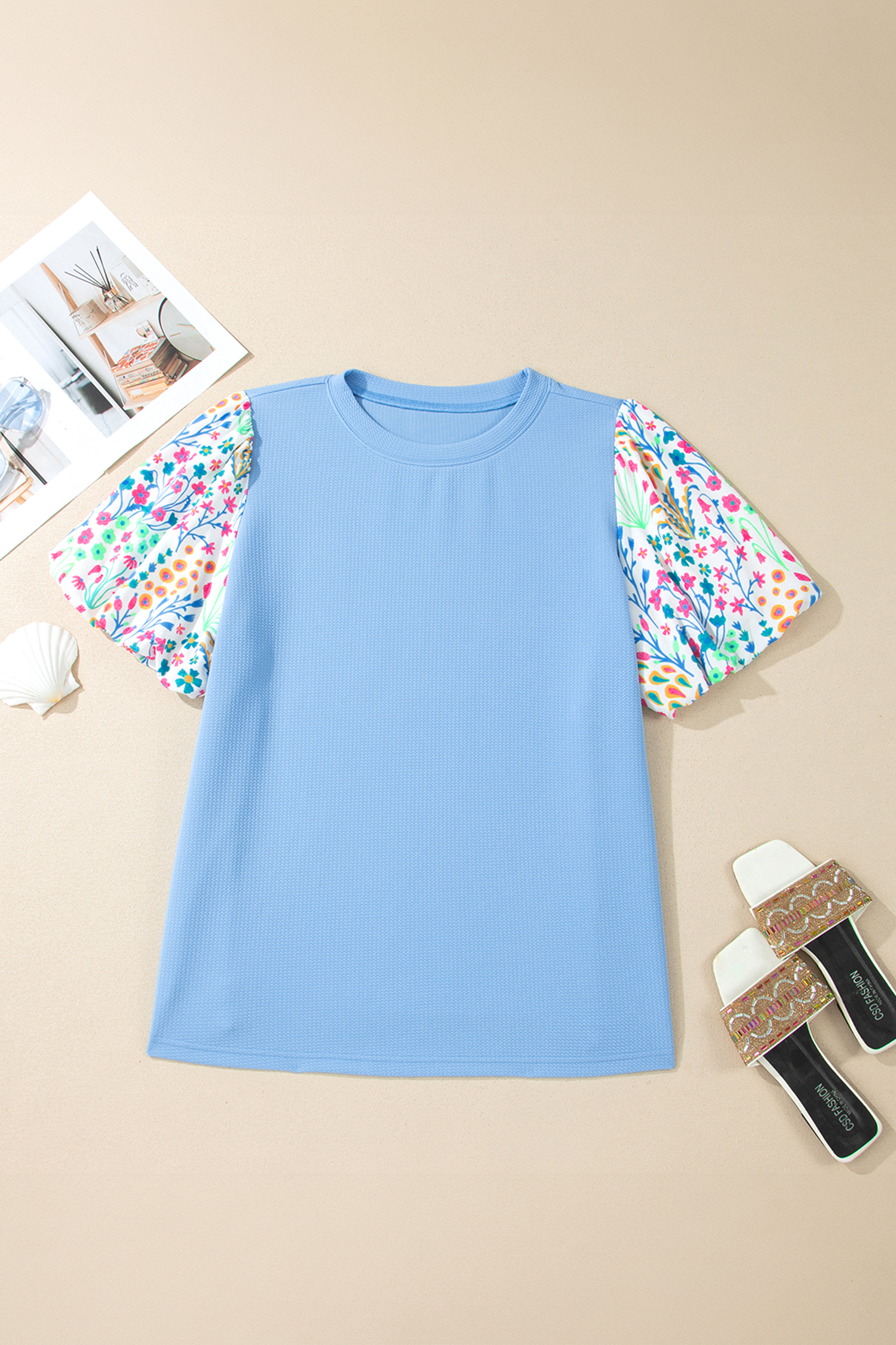 Plus Size Light Blue Textured Bodice Contrast Floral Sleeve  Top