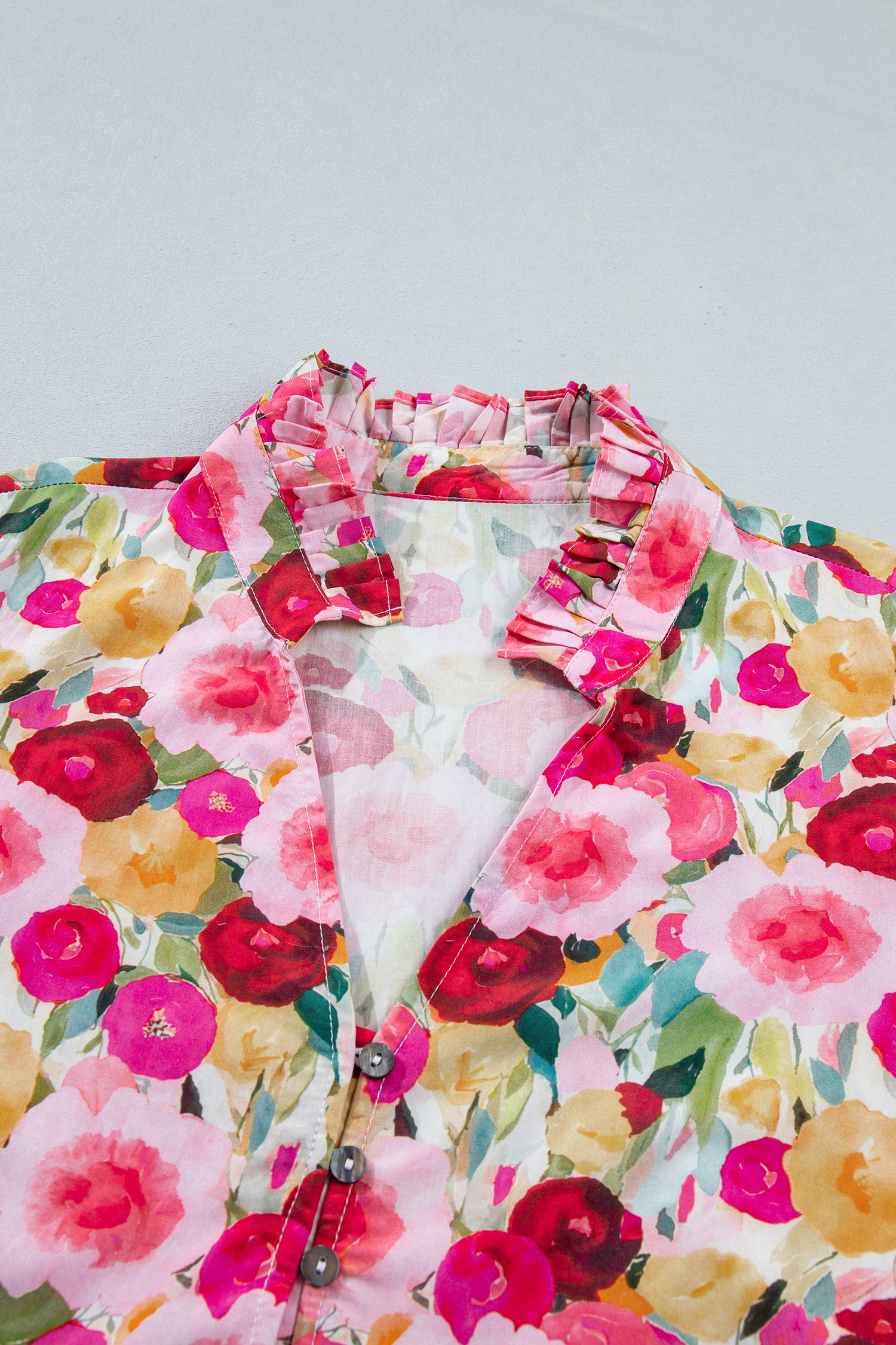 Plus Size Pink  Flower Print Split V Neck Puff Short Sleeve Top