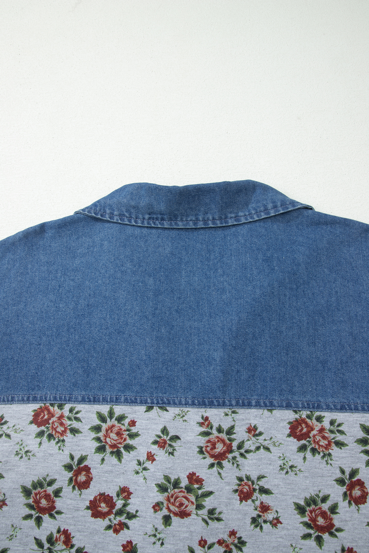 Plus Size Gray Retro Floral Print Denim Patchwork  Polo Tee
