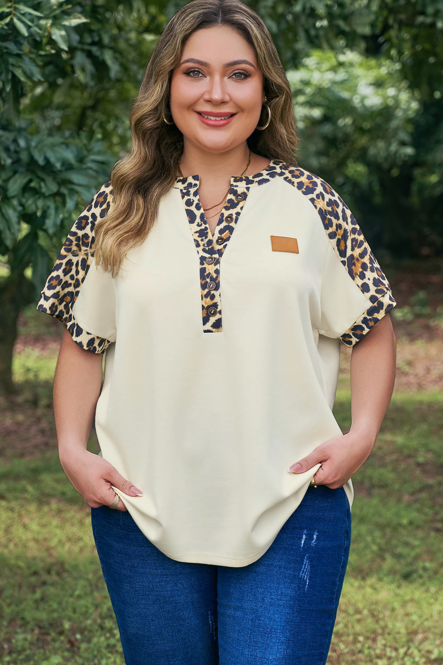 Plus Size Beige  Leopard Contrast Patchwork Polo Tee