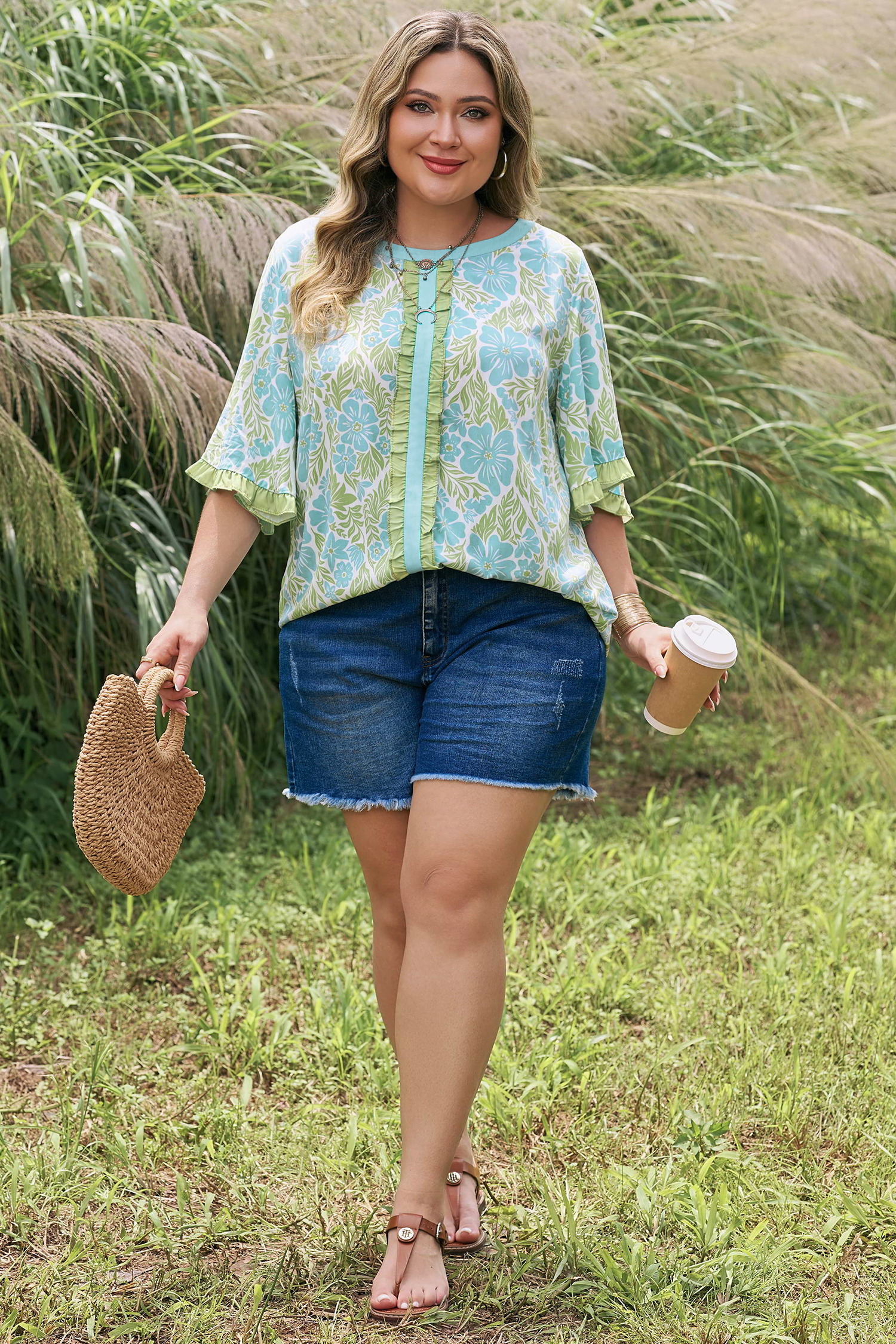 Plus Size Sky Blue  Floral Print Frilled Color Block Trim Short Sleeve Blouse
