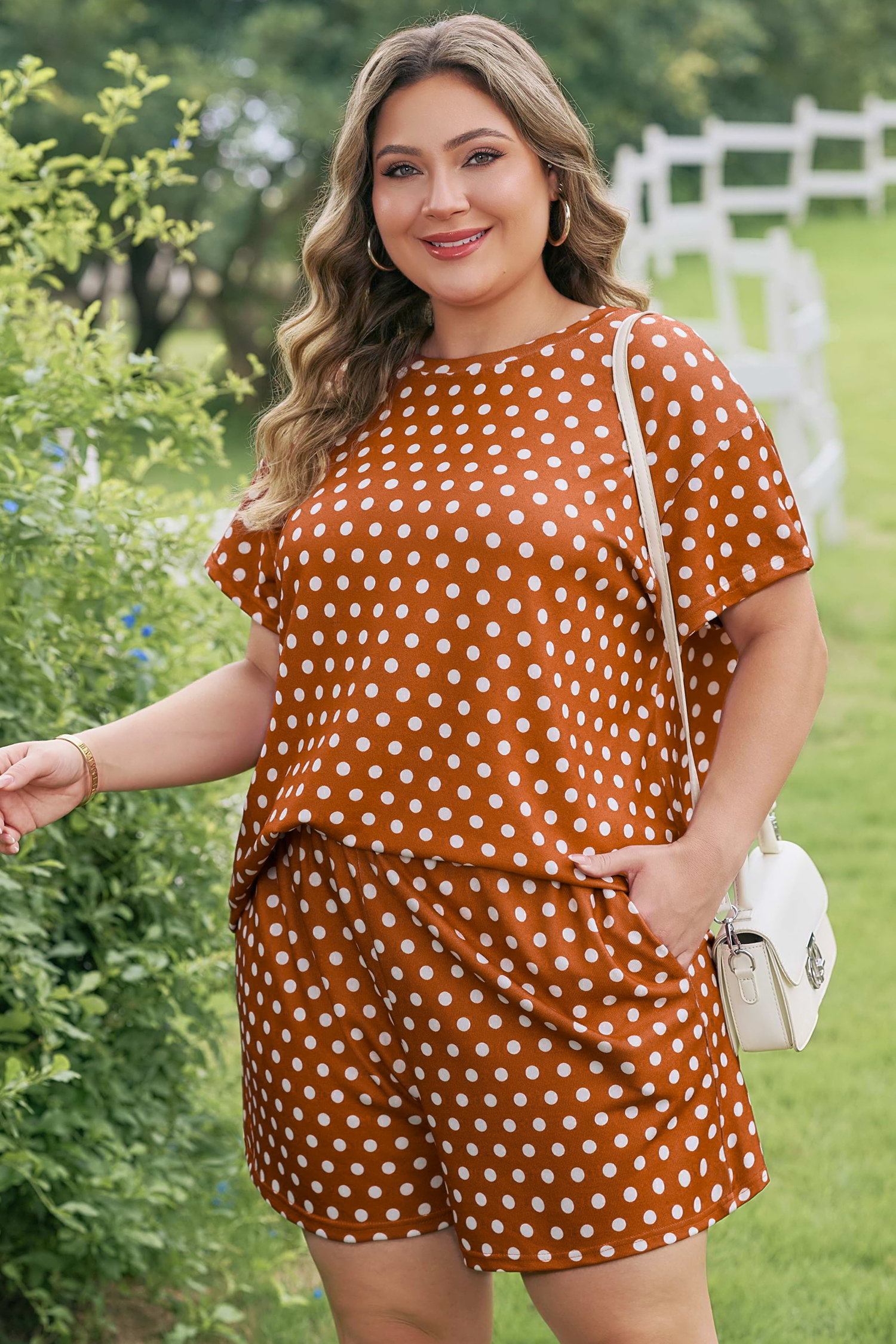 Plus Size Brown Polka Dot Print Dropped Shoulder Tee  Short Set