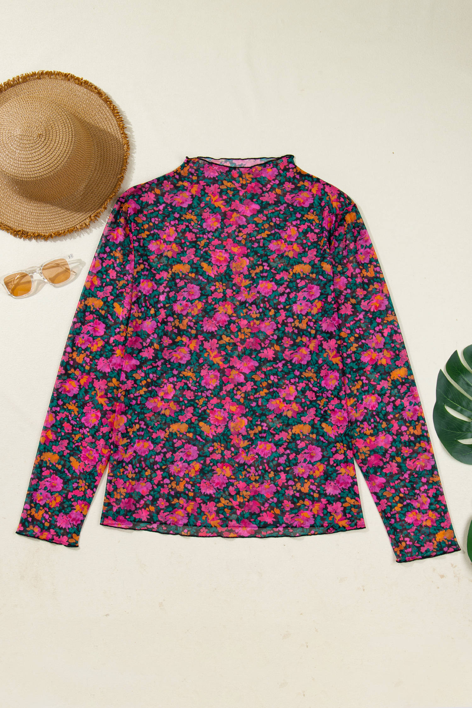Plus Size Rose  Vintage Floral Print Mesh Long Sleeve Top