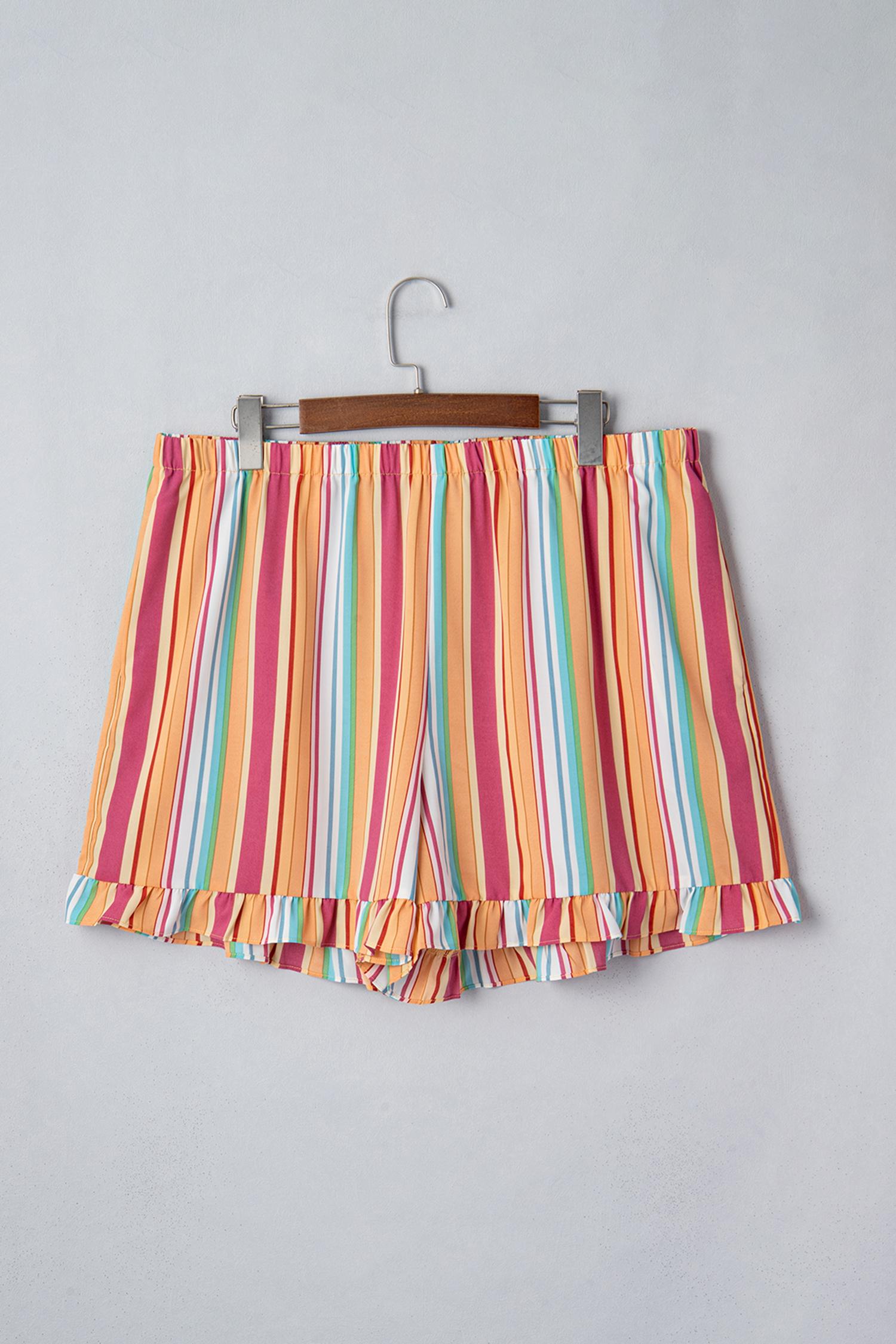 Plus Size Orange Stripe  Elastic Waist Ruffle Hem Shorts
