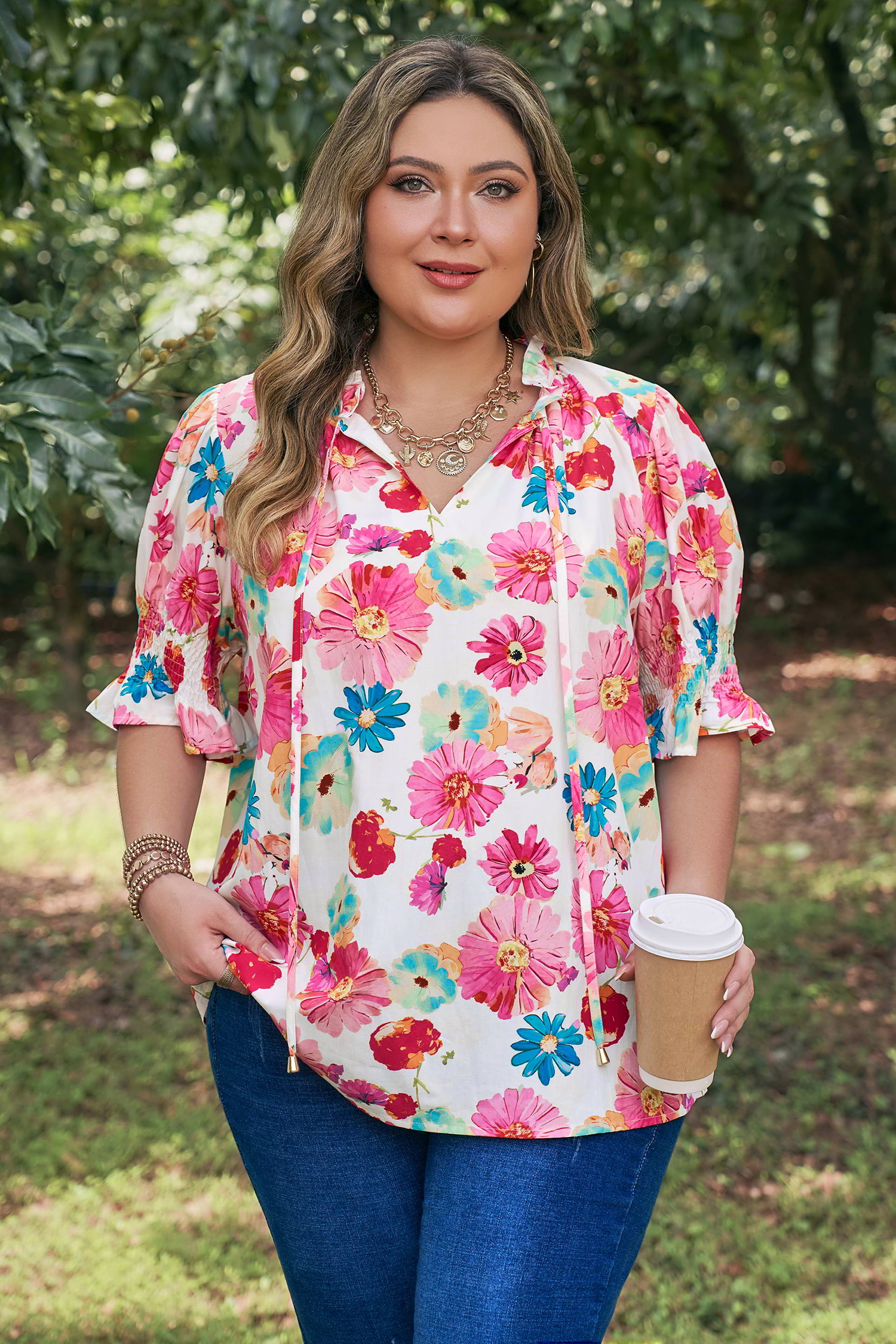 Plus Size Pink  Floral Print Ruched Short Sleeve Blouse