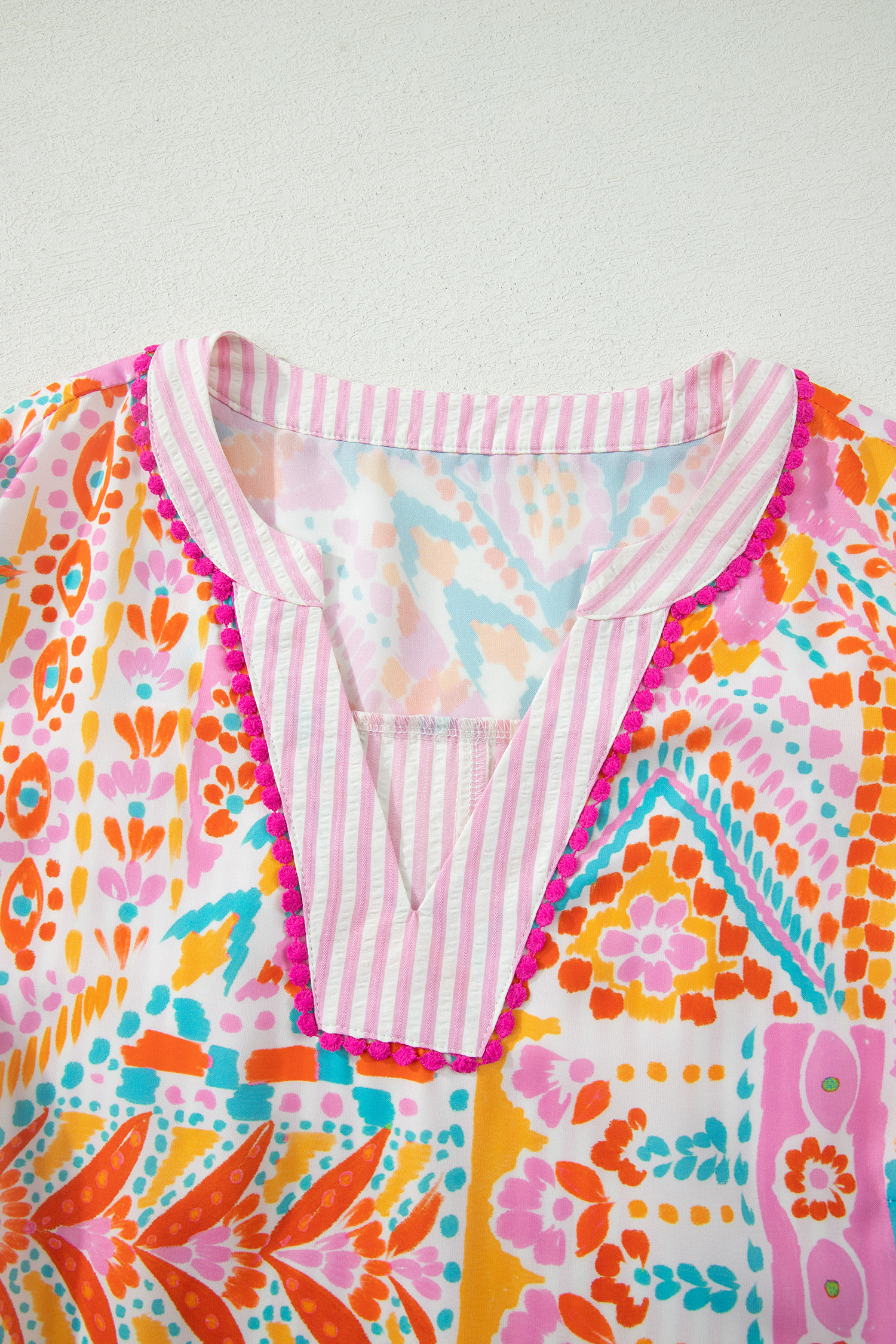 Plus Size Rose  Geometric Print Contrast Trim Striped V Neck Blouse