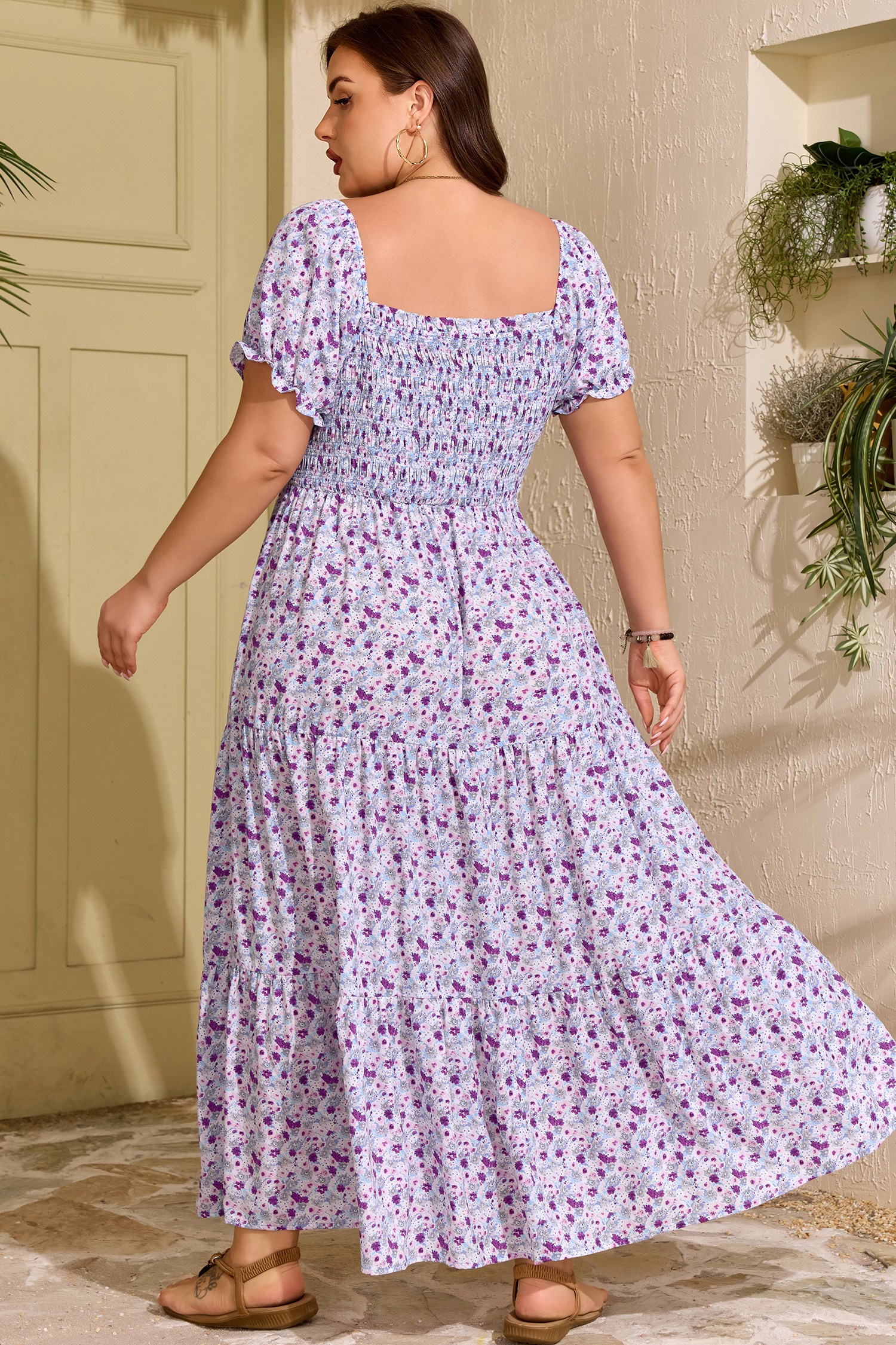 Plus Size Purple  Floral Print Square Neck Smocked Maxi Dress