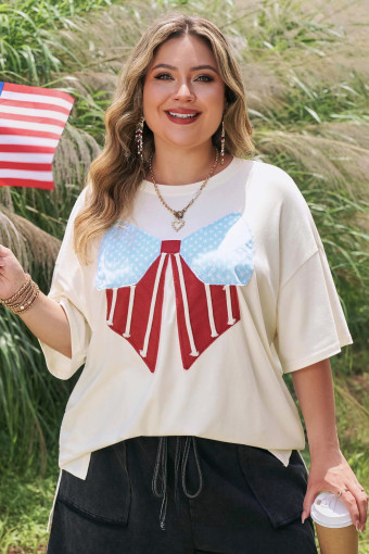 Plus Size White Distressed Flag Bow Patched  T Shirt