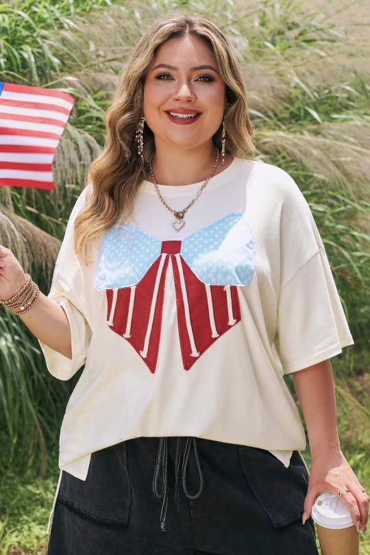 Plus Size White Distressed Flag Bow Patched  T Shirt