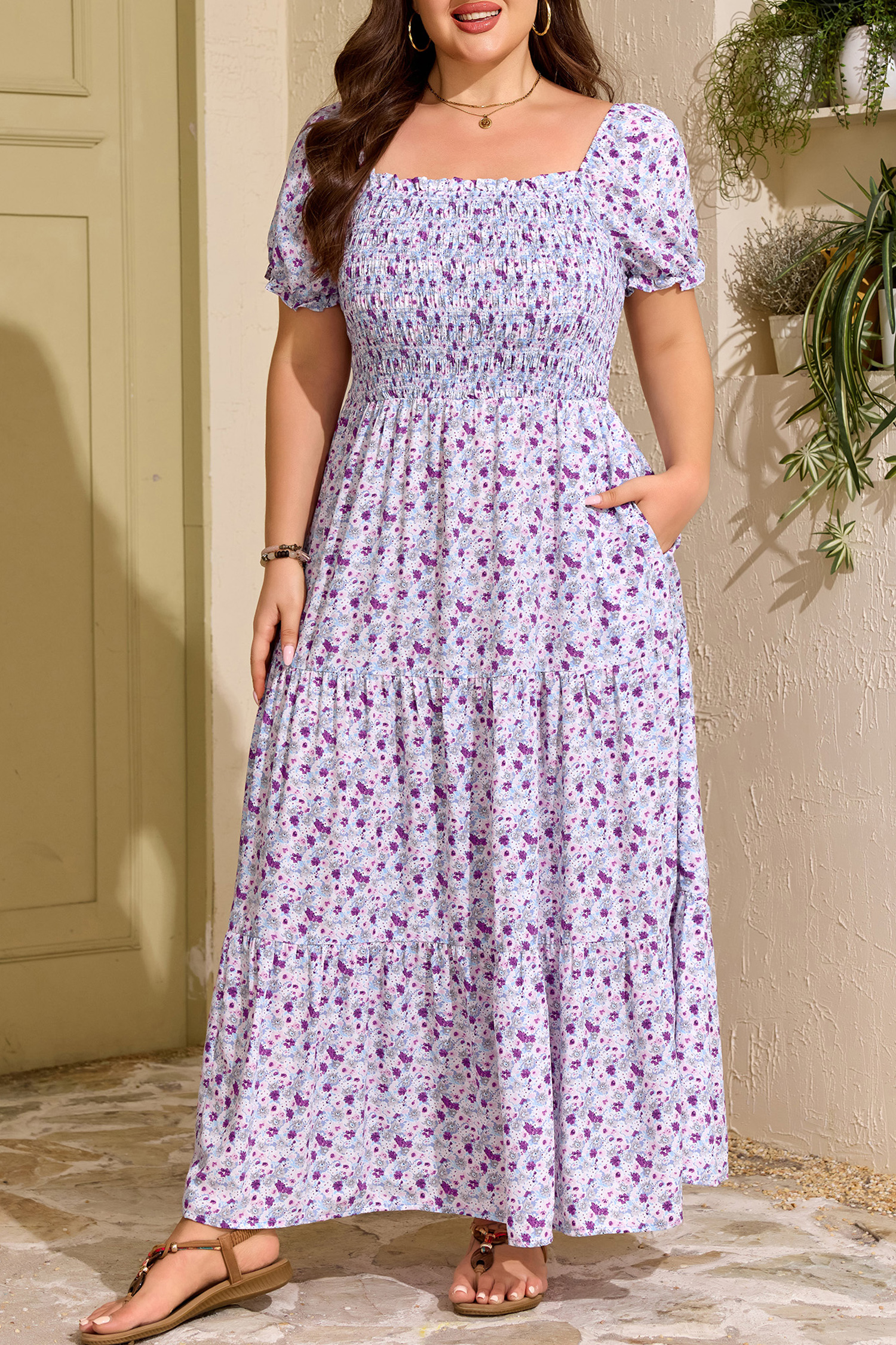 Plus Size Purple  Floral Print Square Neck Smocked Maxi Dress