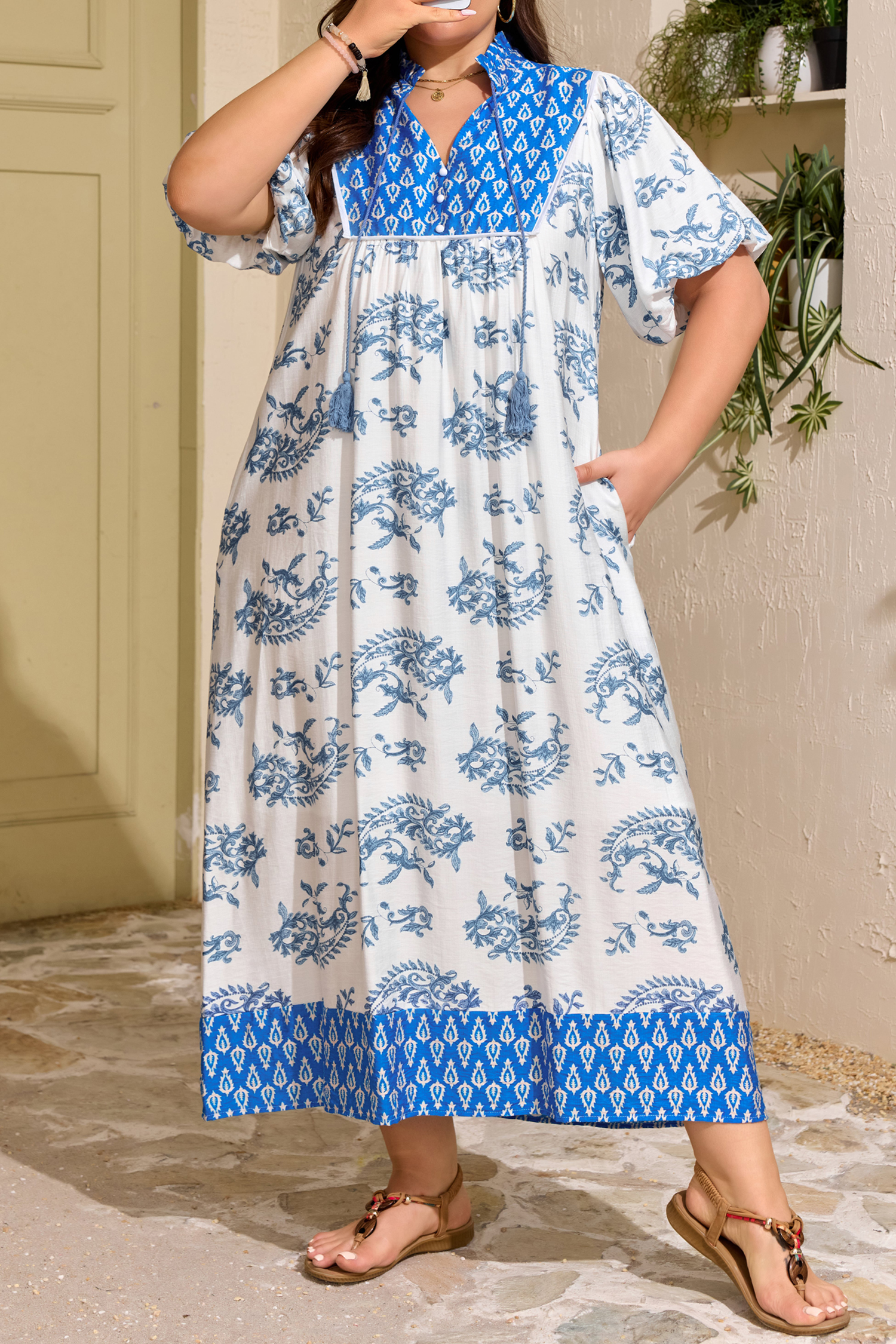 Plus Size Sky Blue   Floral Print Contrast Boho Patchwork V Neck Loose Midi Dress