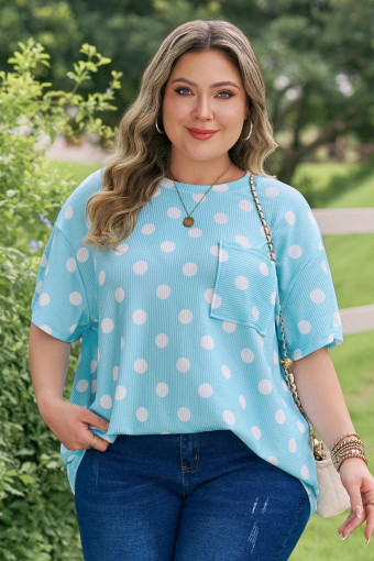 Plus Size Sky Blue Twisted Rib Polka Dot Print  T Shirt