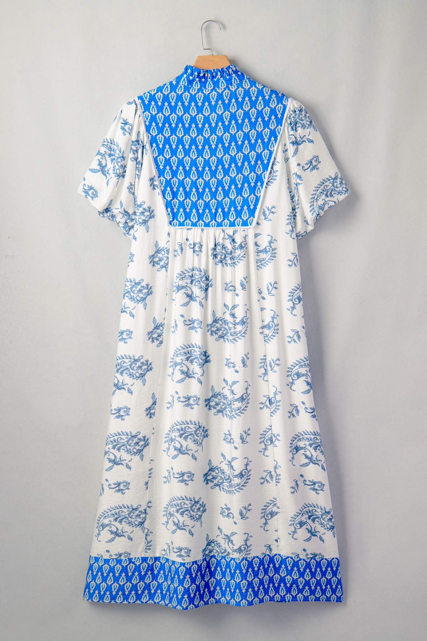 Plus Size Sky Blue   Floral Print Contrast Boho Patchwork V Neck Loose Midi Dress