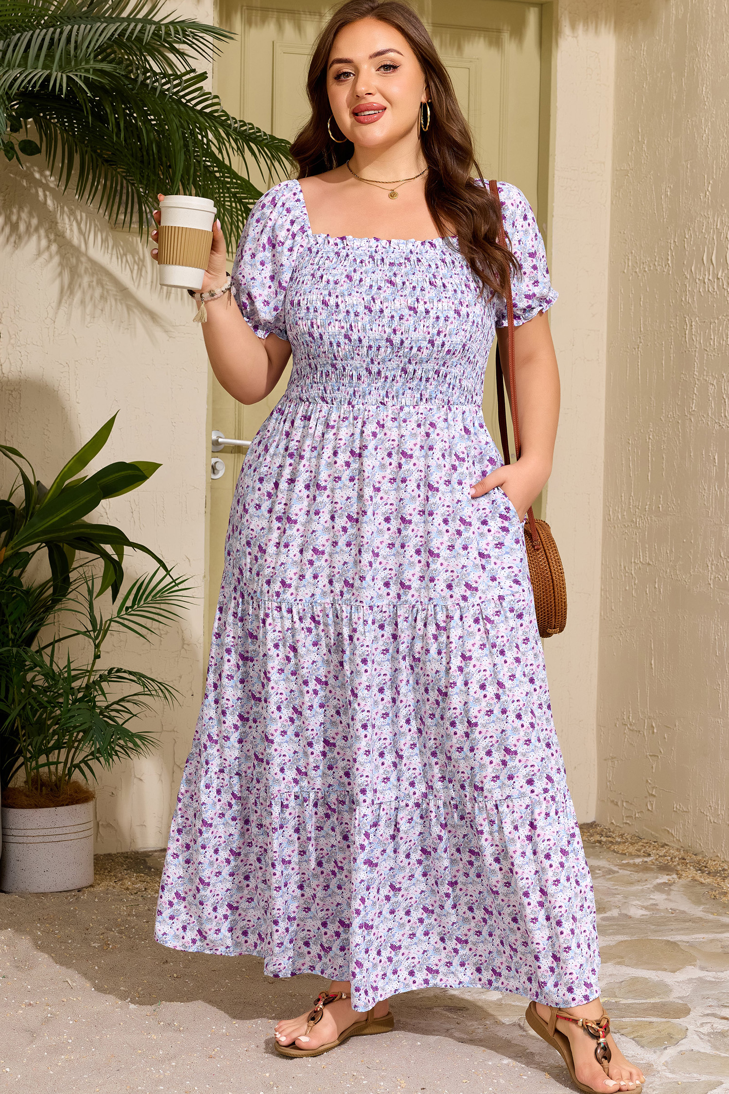 Plus Size Purple  Floral Print Square Neck Smocked Maxi Dress