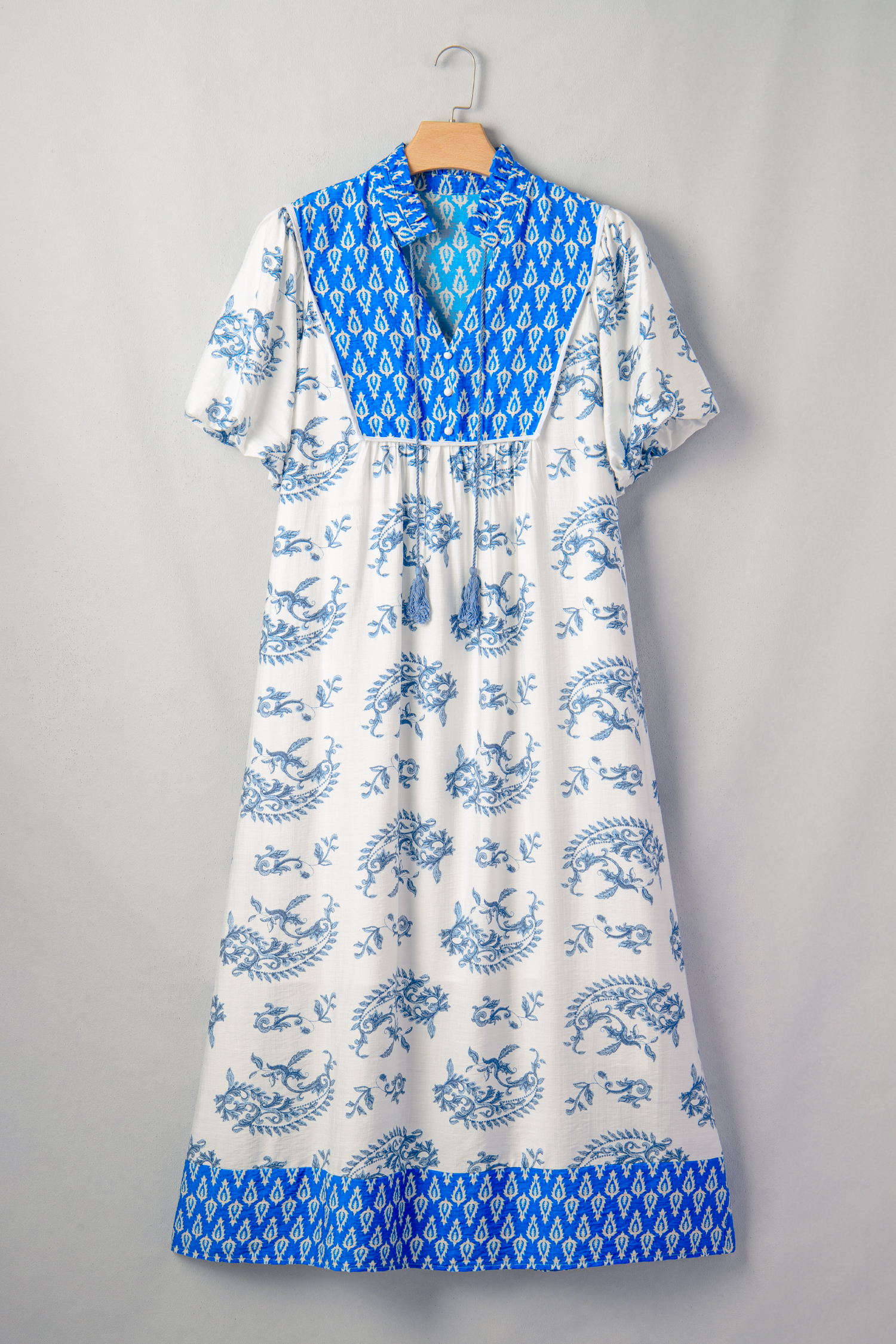 Plus Size Sky Blue   Floral Print Contrast Boho Patchwork V Neck Loose Midi Dress