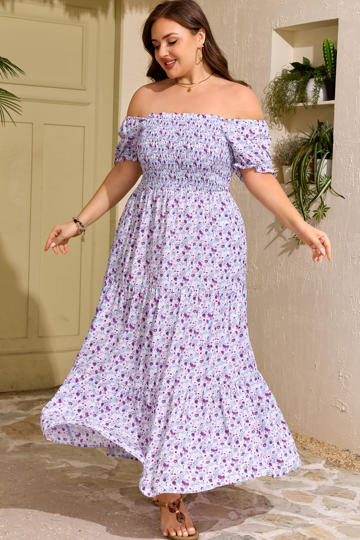 Plus Size Purple  Floral Print Square Neck Smocked Maxi Dress
