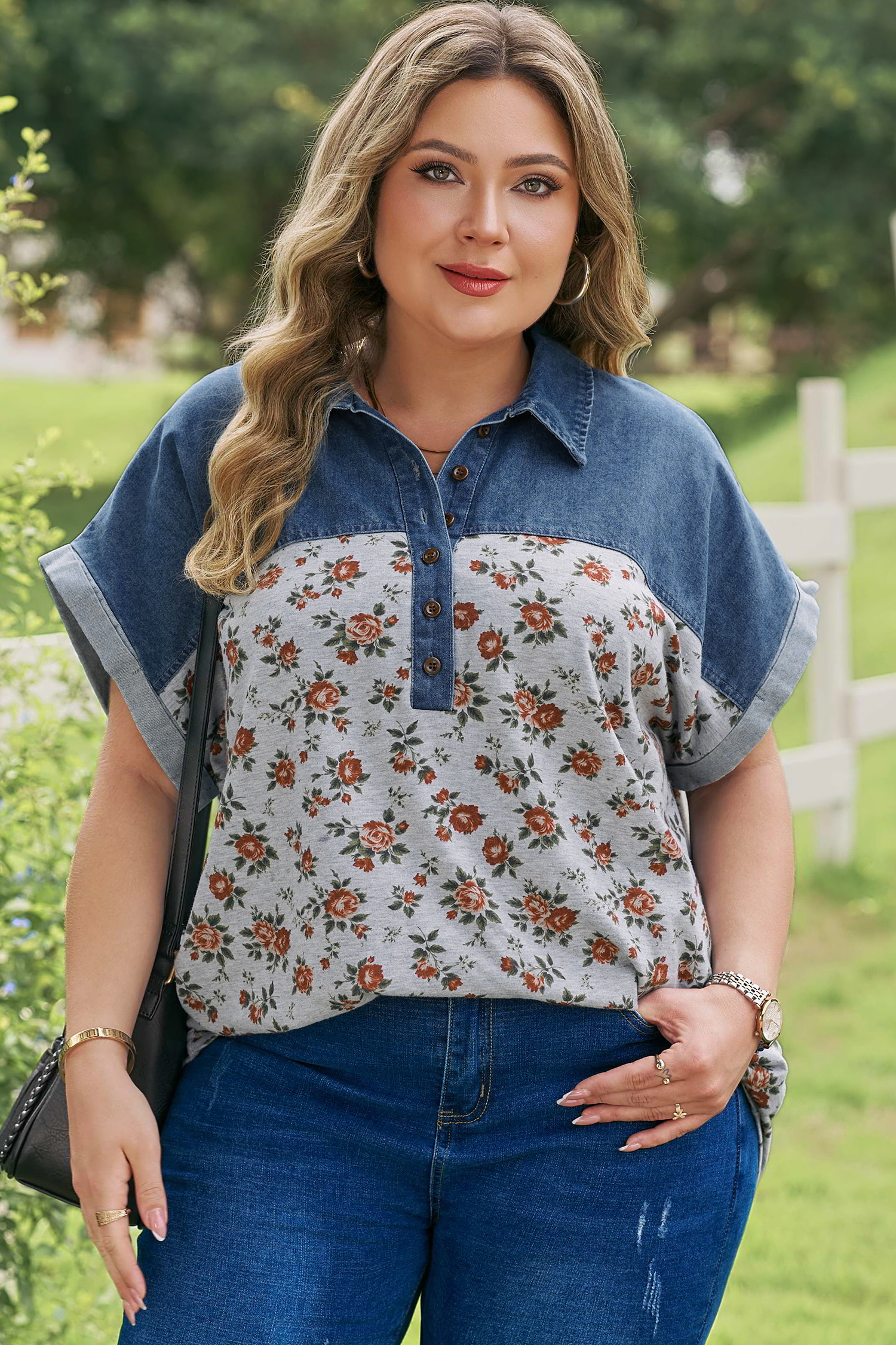 Plus Size Gray Retro Floral Print Denim Patchwork  Polo Tee
