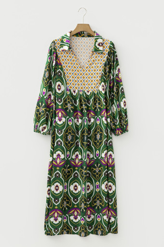 Plus Size Green  Mixed Floral Patchwork V Neck Bracelet Sleeve Maxi Dress
