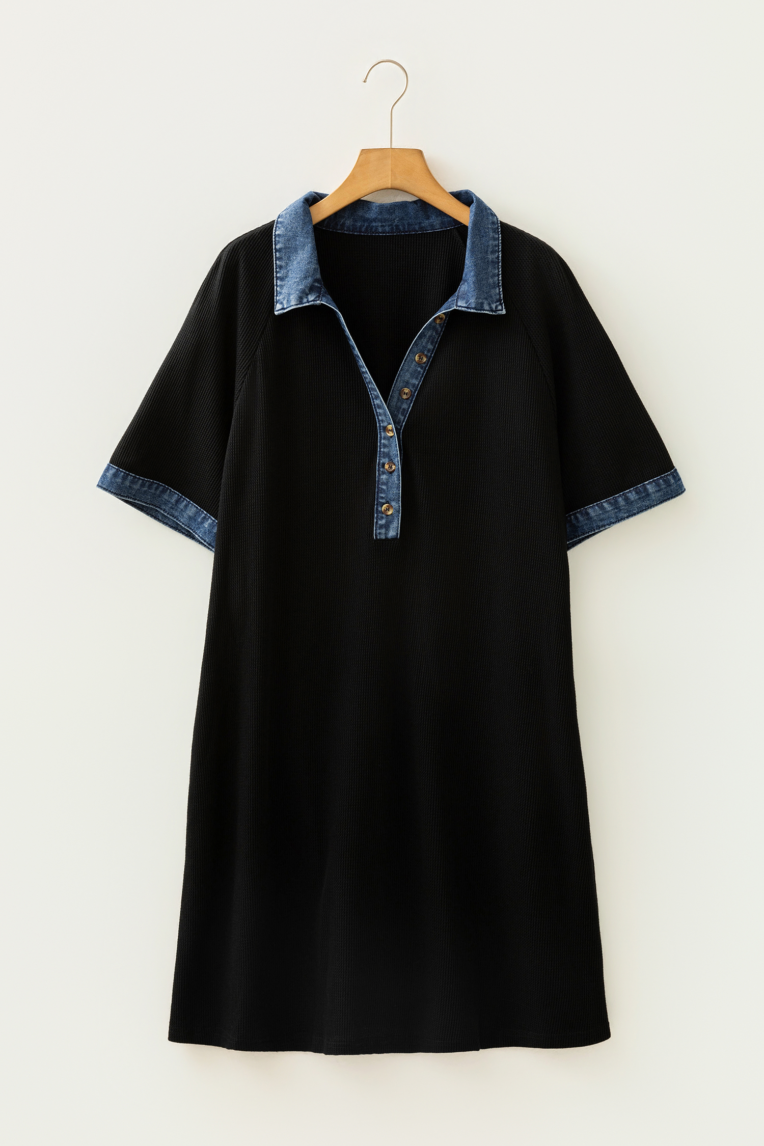 Plus Size Black Colorblock Denim Collar Short Sleeve  Shift Dress