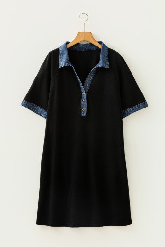 Plus Size Black Colorblock Denim Collar Short Sleeve  Shift Dress