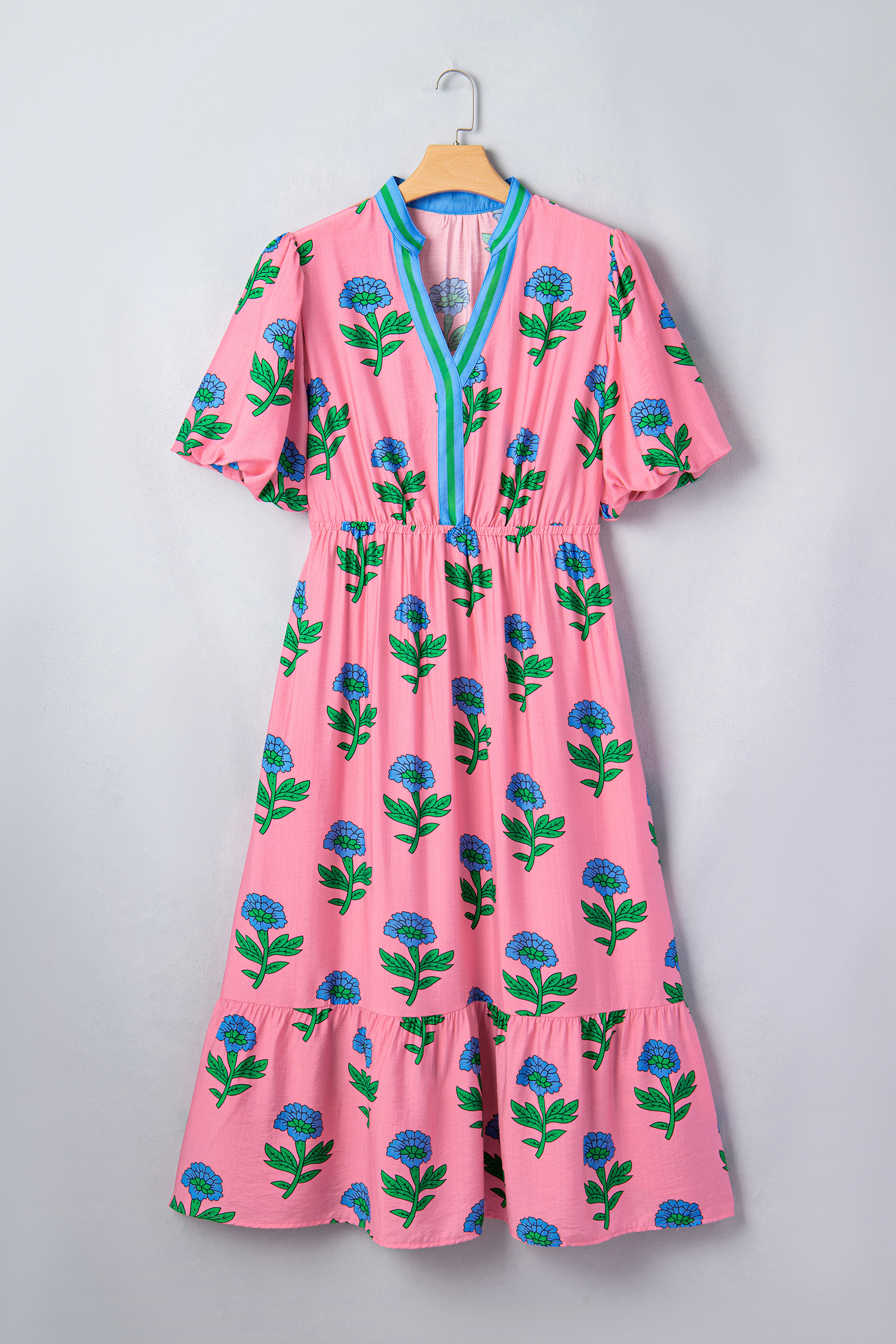 Plus Size Pink  Striped V Neck Ruffled Floral Long Dress