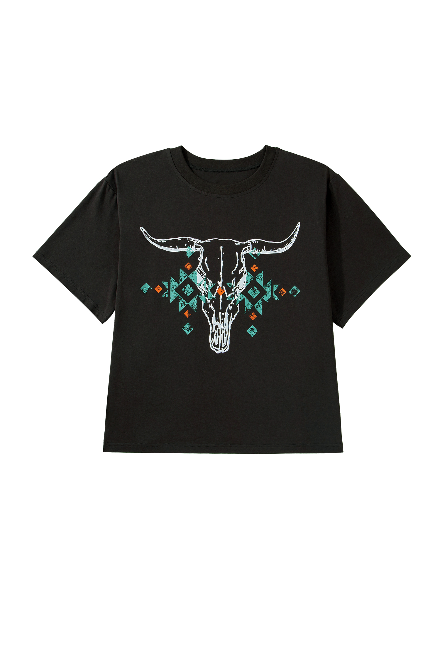 Plus Size Carbon Grey  Western Aztec Bull Skull Printed T Shirt