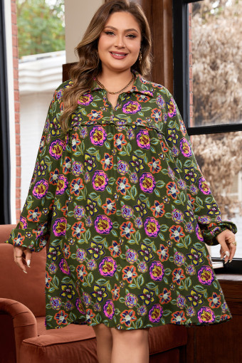 Plus Size Green  Floral Print Collared V Neck Loose Mini Dress