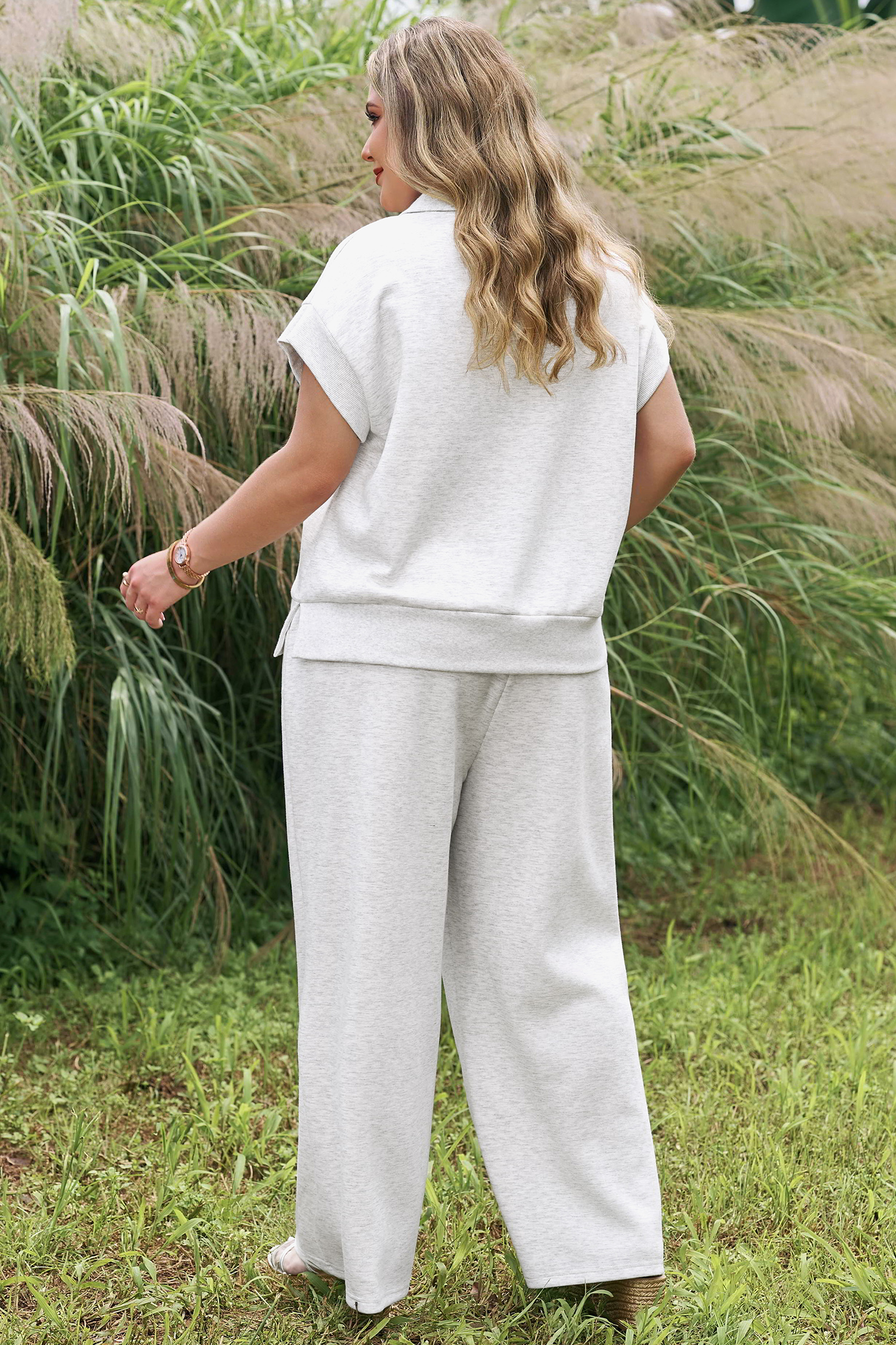 Plus Size Light Grey Half Zip Polo Tee Loose Pants  2pcs Outfit