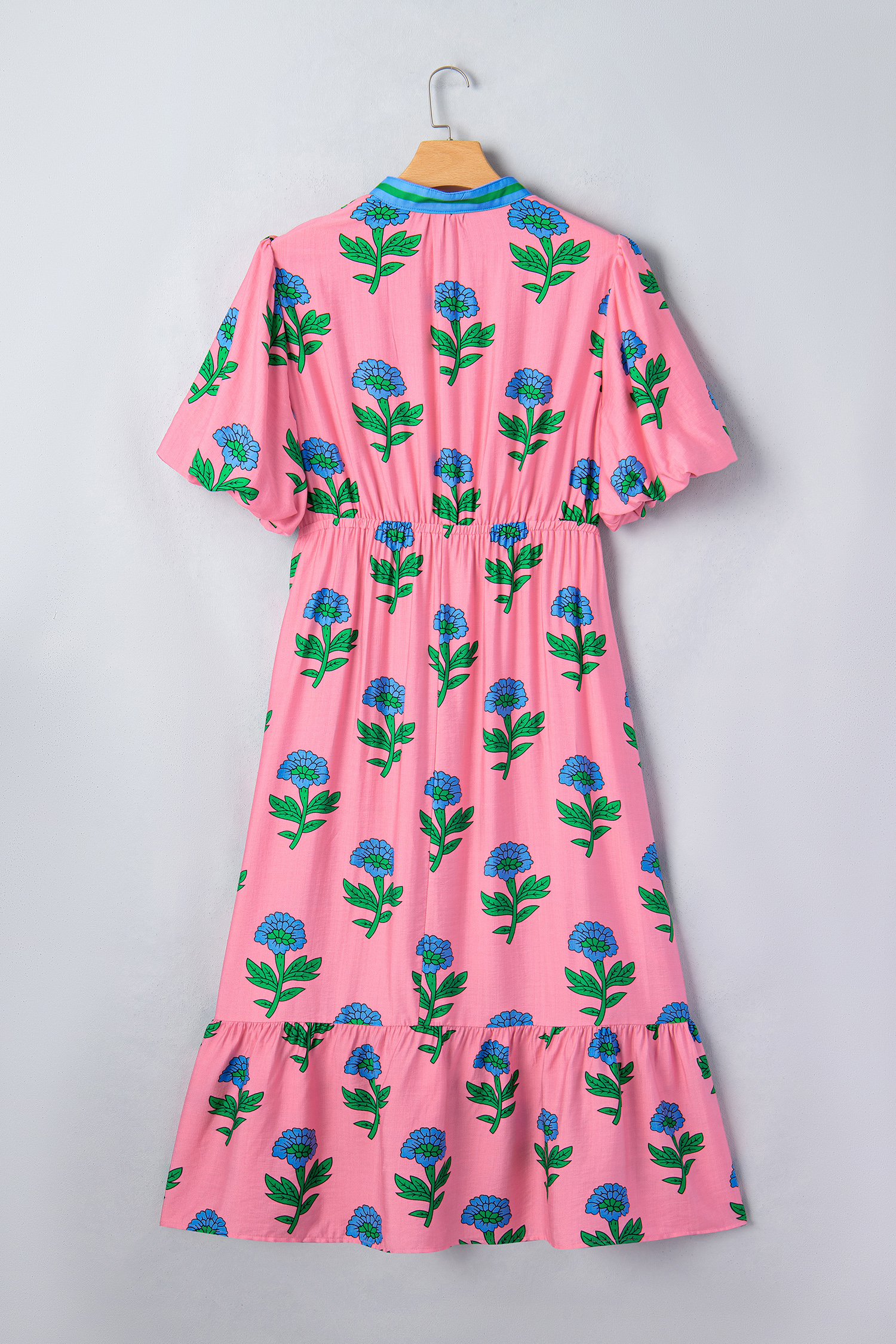 Plus Size Pink  Striped V Neck Ruffled Floral Long Dress