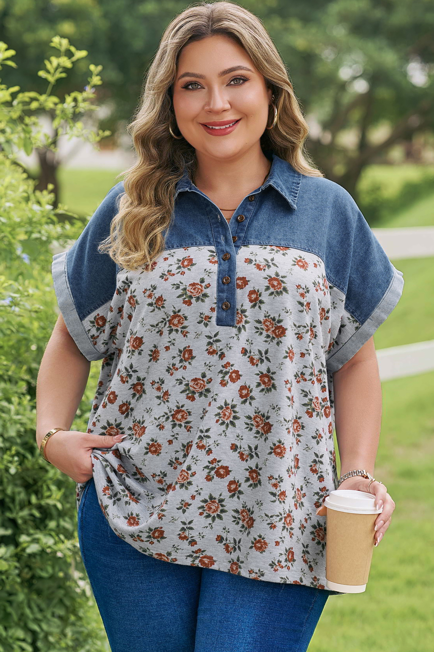 Plus Size Gray Retro Floral Print Denim Patchwork  Polo Tee