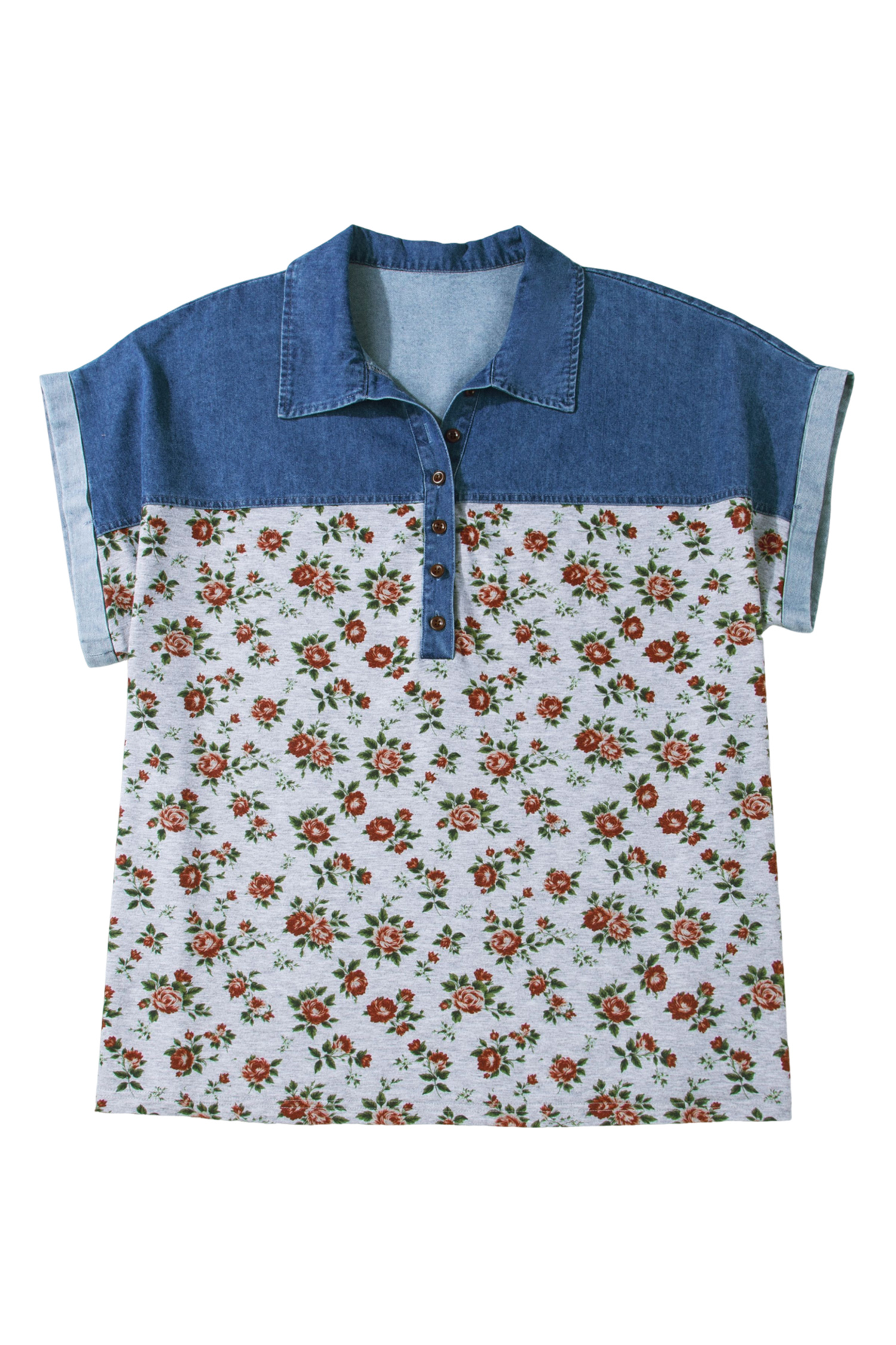 Plus Size Gray Retro Floral Print Denim Patchwork  Polo Tee